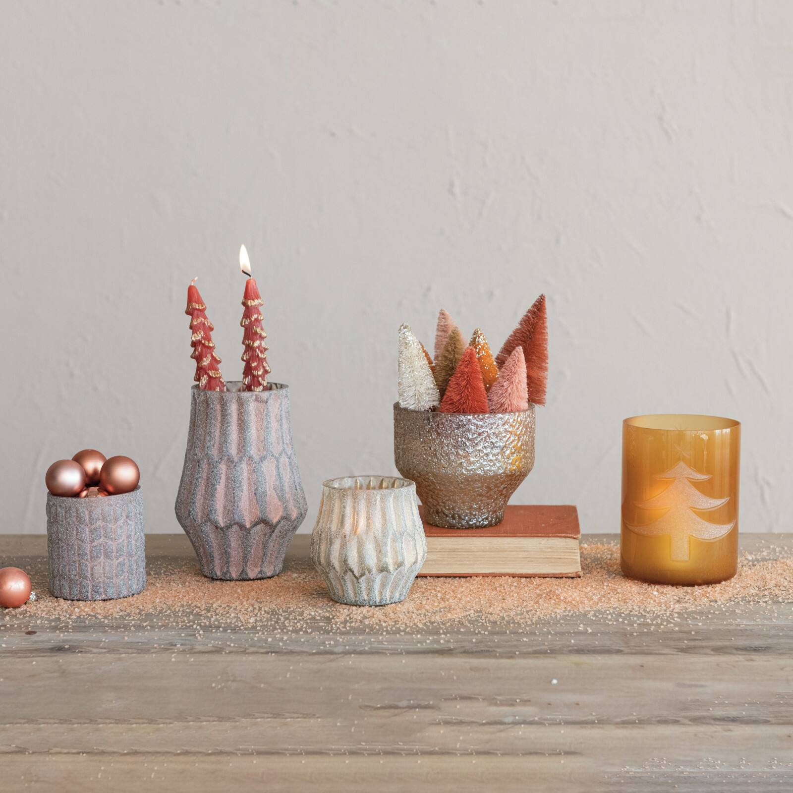 4.3" x 5.3" Apricot Glass Votive Candleholder with Etched Christmas Tree