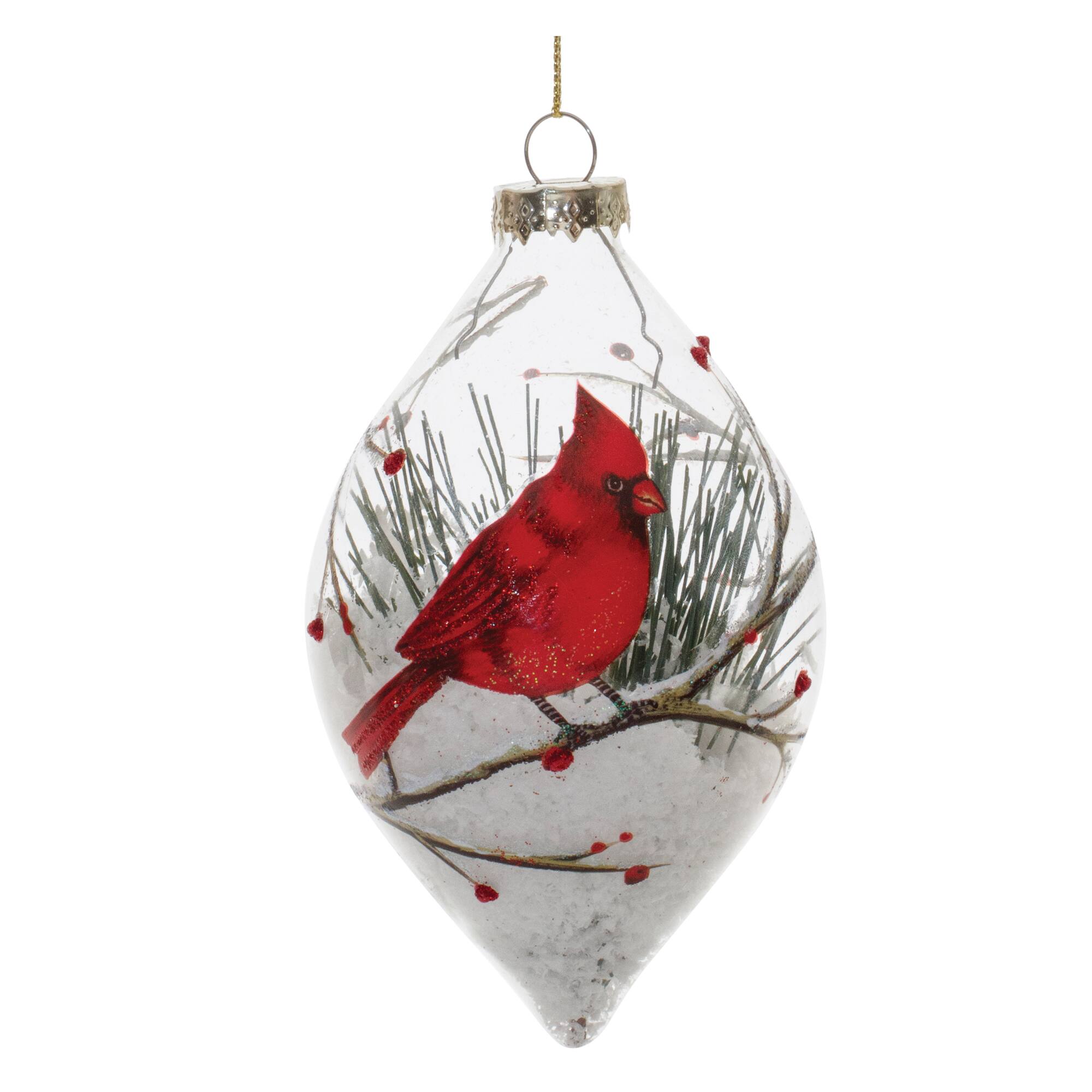 Glittered Glass Cardinal Ornament with Snow & Pine Filler Set