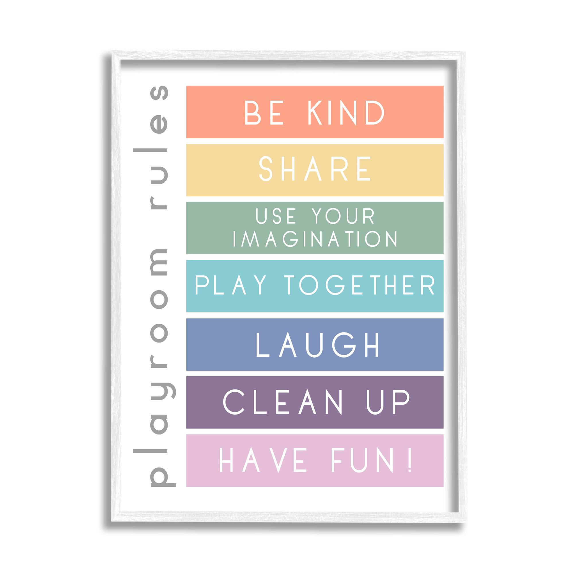 Stupell Industries Bold List of Playroom Rules Kids Rainbow Stripes Framed Wall Art