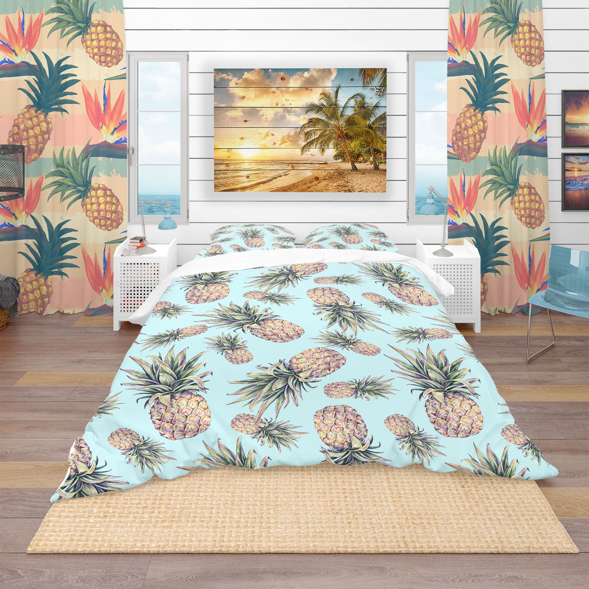 Designart &#x27;Pineapples on a Light Blue Background&#x27; Tropical Bedding Set - Duvet Cover &#x26; Shams