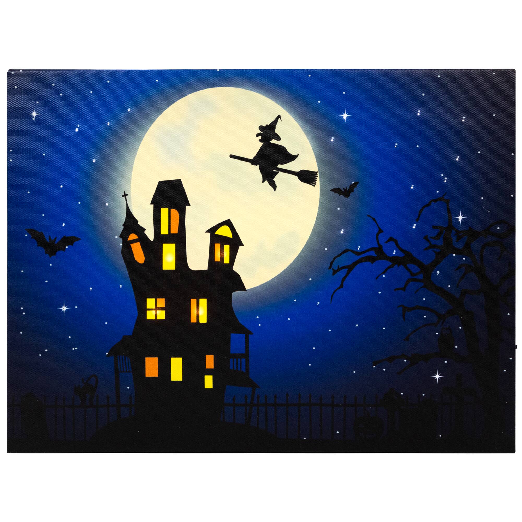 LED Lighted Witch in the Moon Halloween Canvas Wall Art