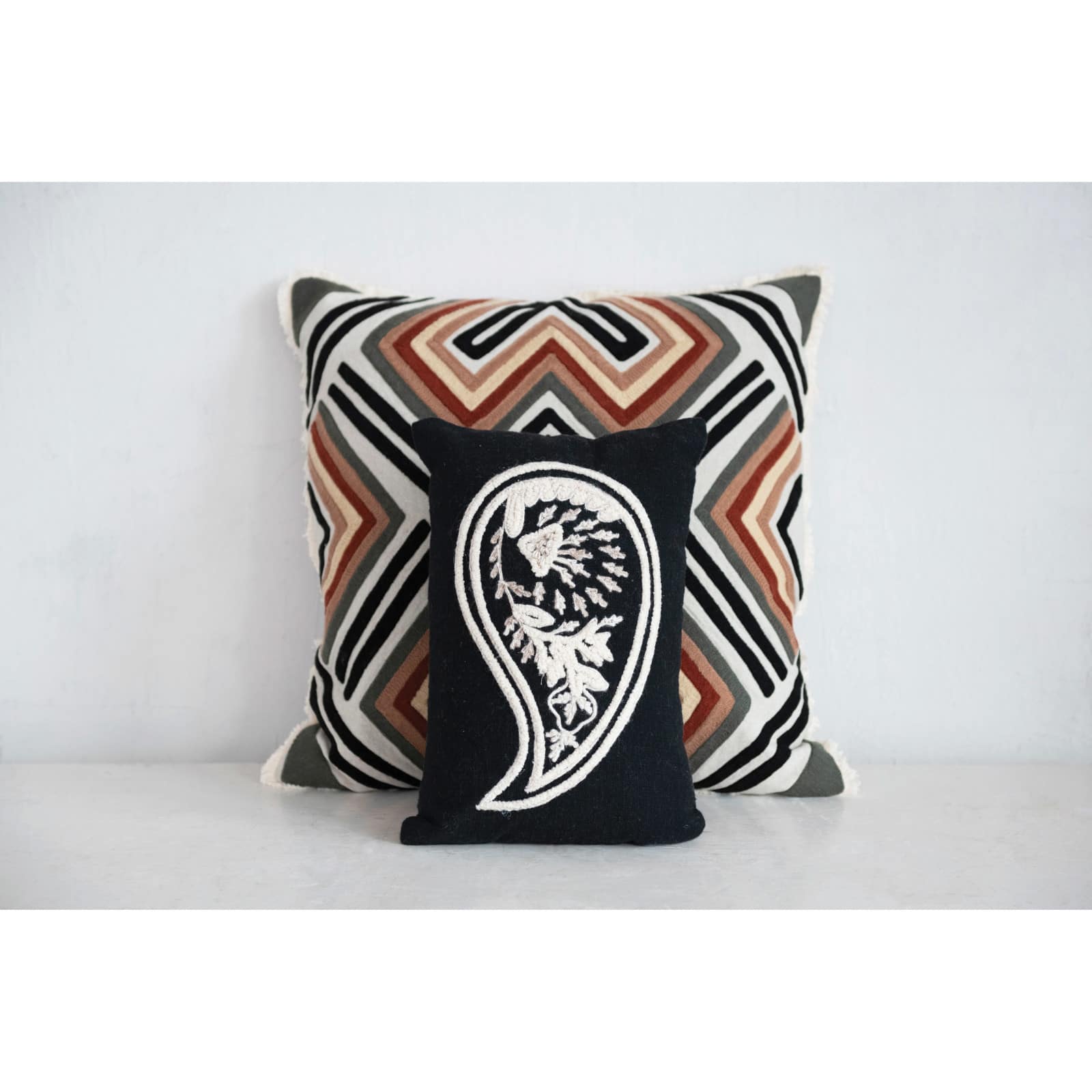 Paisley Embroidered Woven Cotton Slub Lumbar Pillow