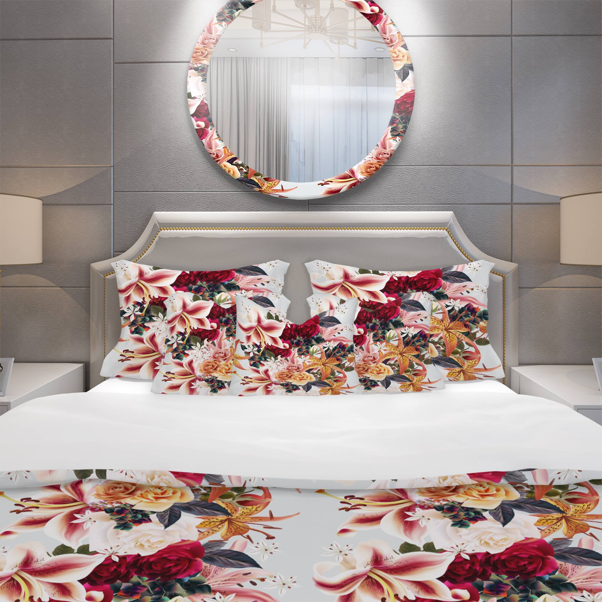 Designart &#x27;Floral Pattern with Roses and Lily&#x27; Modern &#x26; Contemporary Bedding Set - Duvet Cover &#x26; Shams