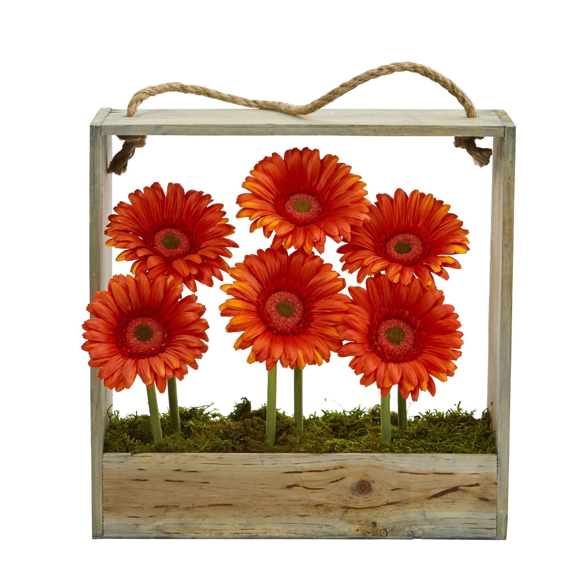 Gerbera Daisy Garden Artificial Arrangement in Hanging Wood Frame