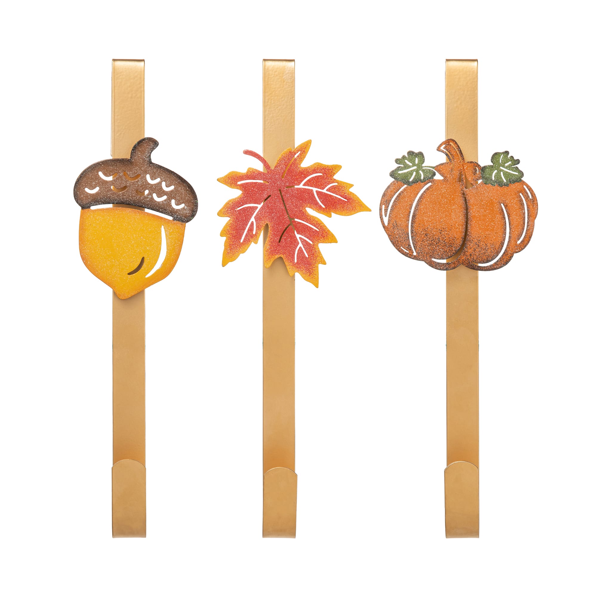 Glitzhome&#xAE; 14&#x22; Fall Metal Acorn, Leaf &#x26; Pumpkin Wreath Hanger Set