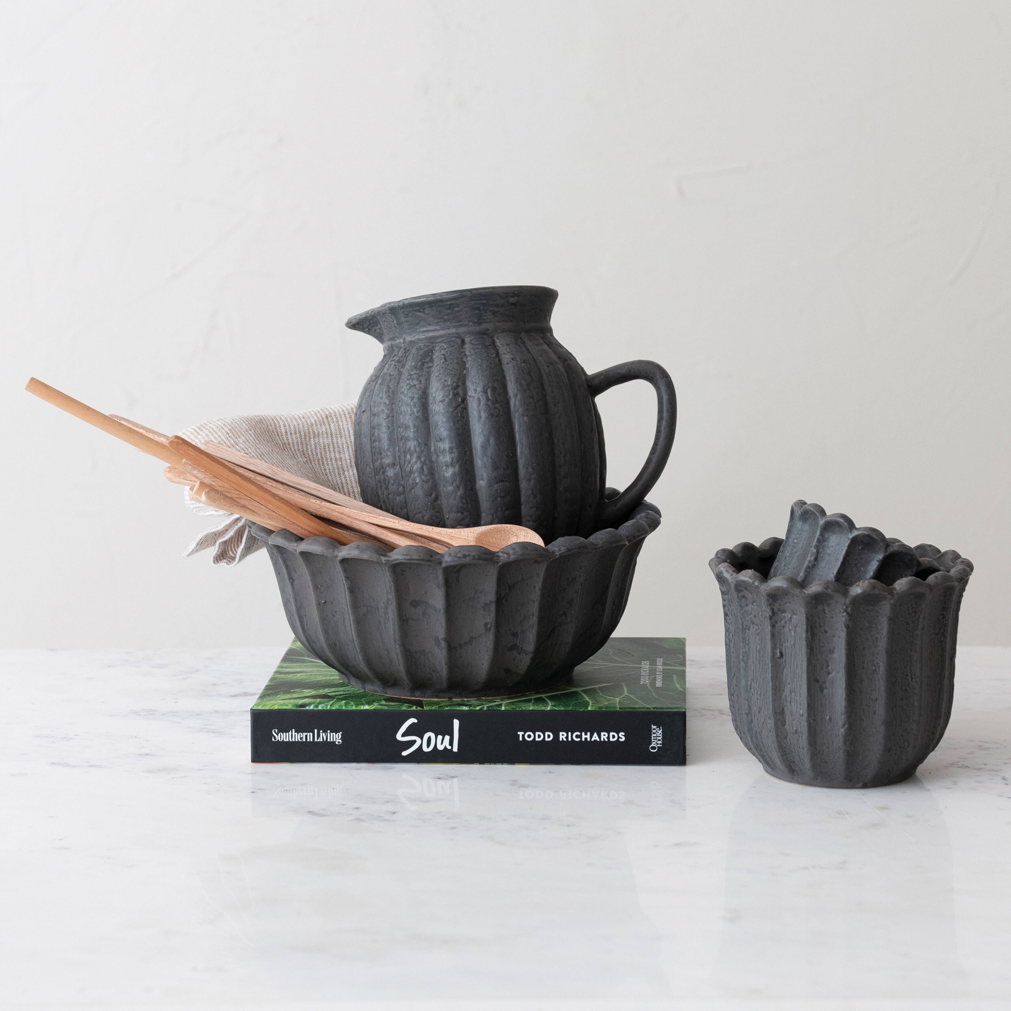 Hello Honey® 2.5qt. Matte Black Stoneware Fluted Pitcher