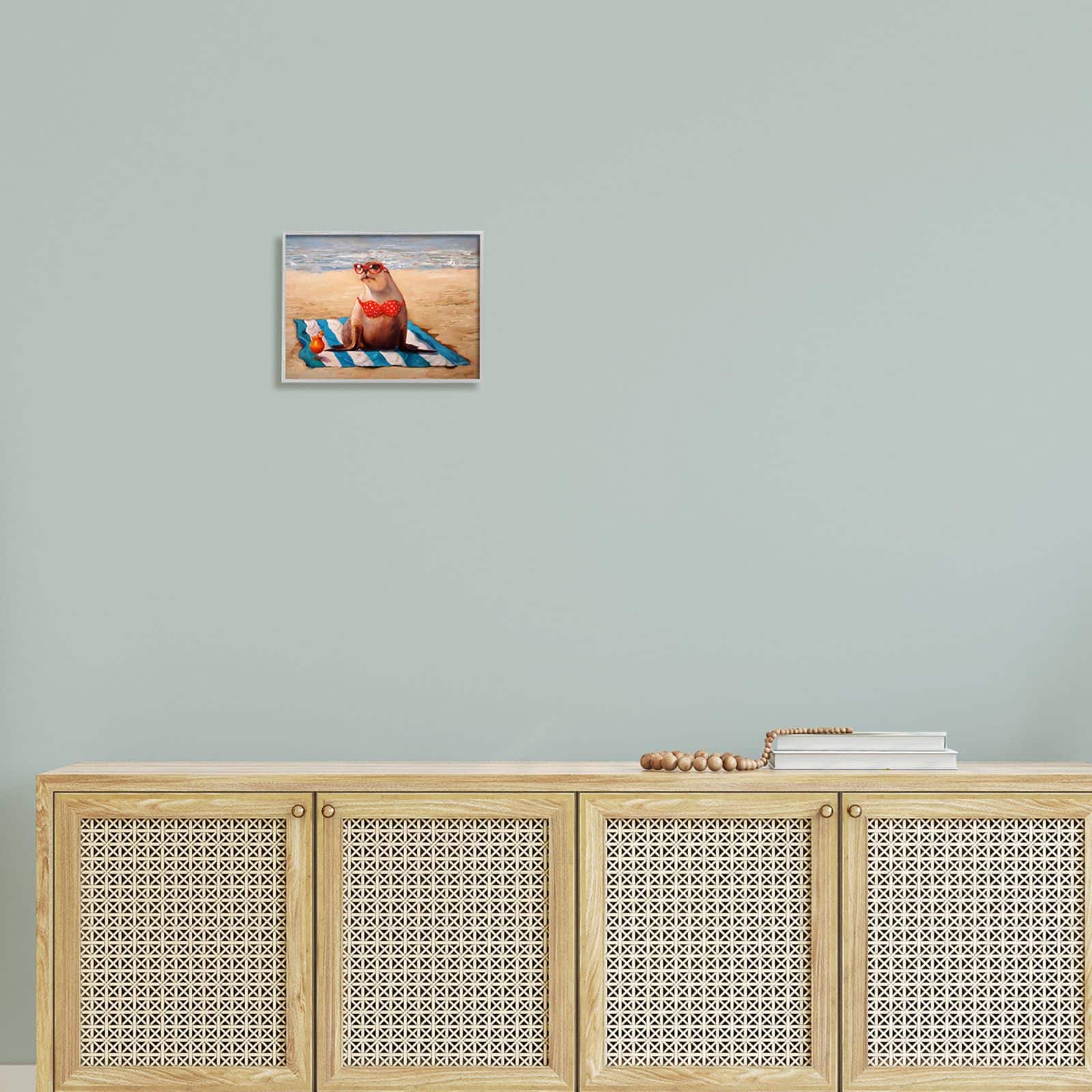 Stupell Industries Polka Dot Bikini Sea Lion Tropical Drink Beach Scene Framed Wall Art