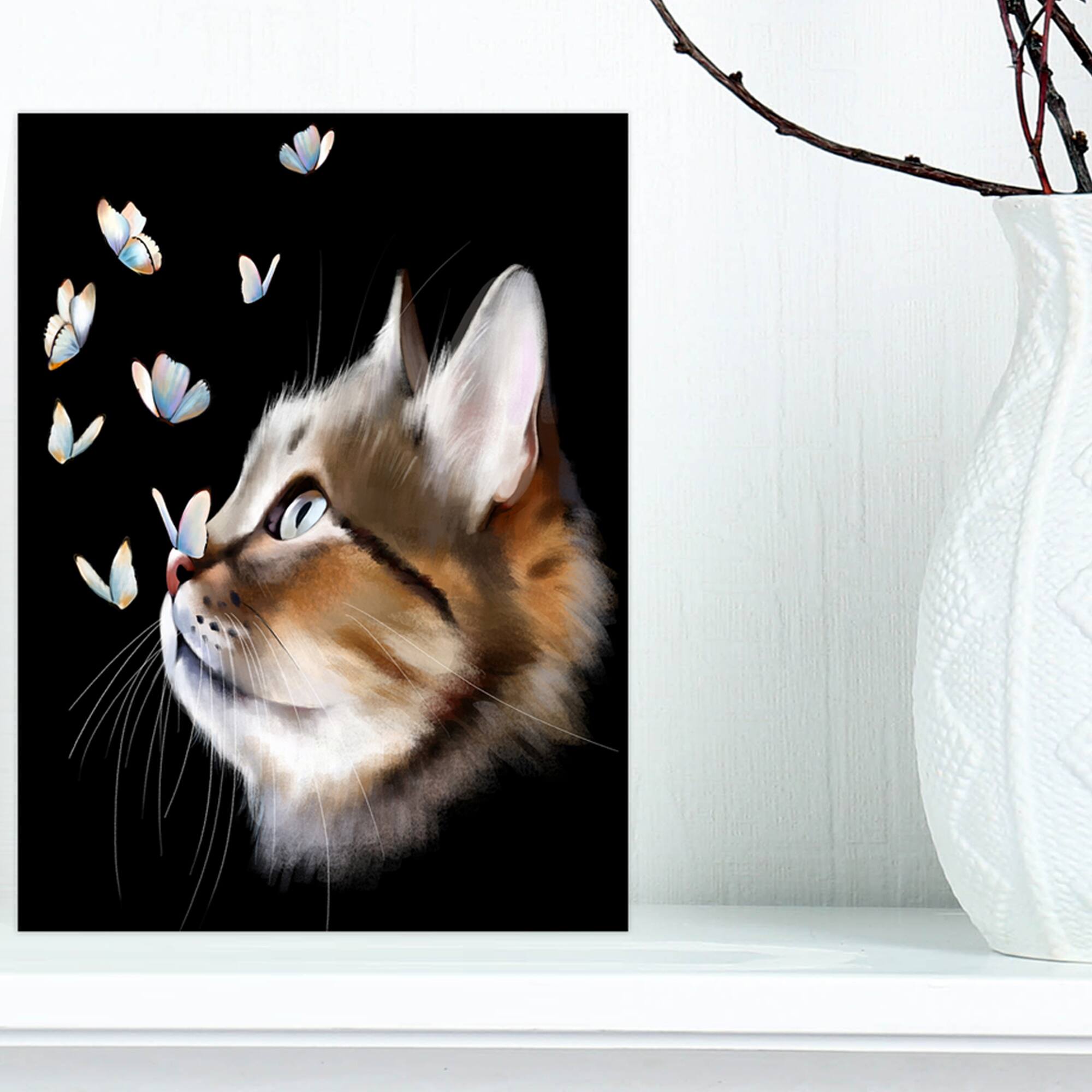 Designart - Cat with Butterflies on Black - Animal Canvas Art Print