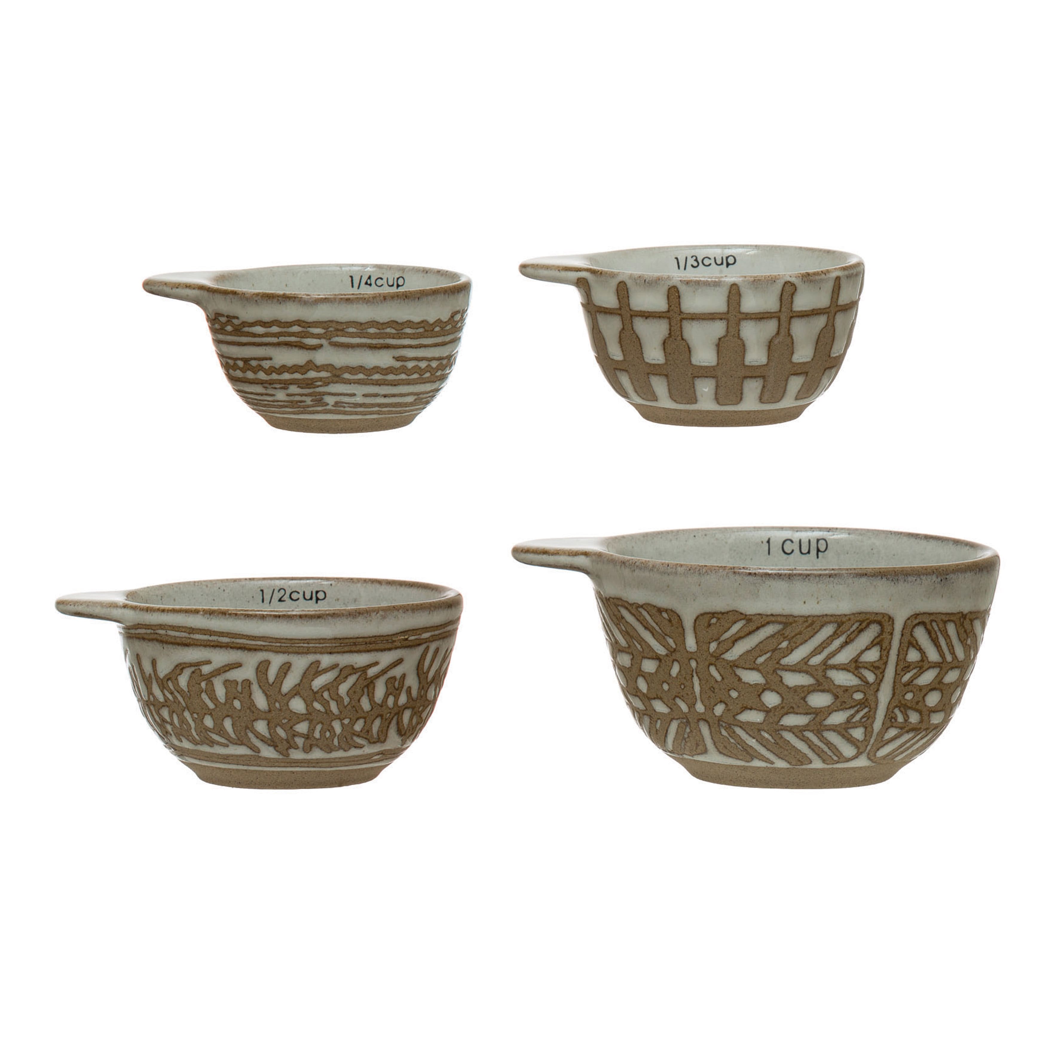 White &#x26; Tan Stoneware Measuring Cups with Wax Relief Pattern, 4ct.