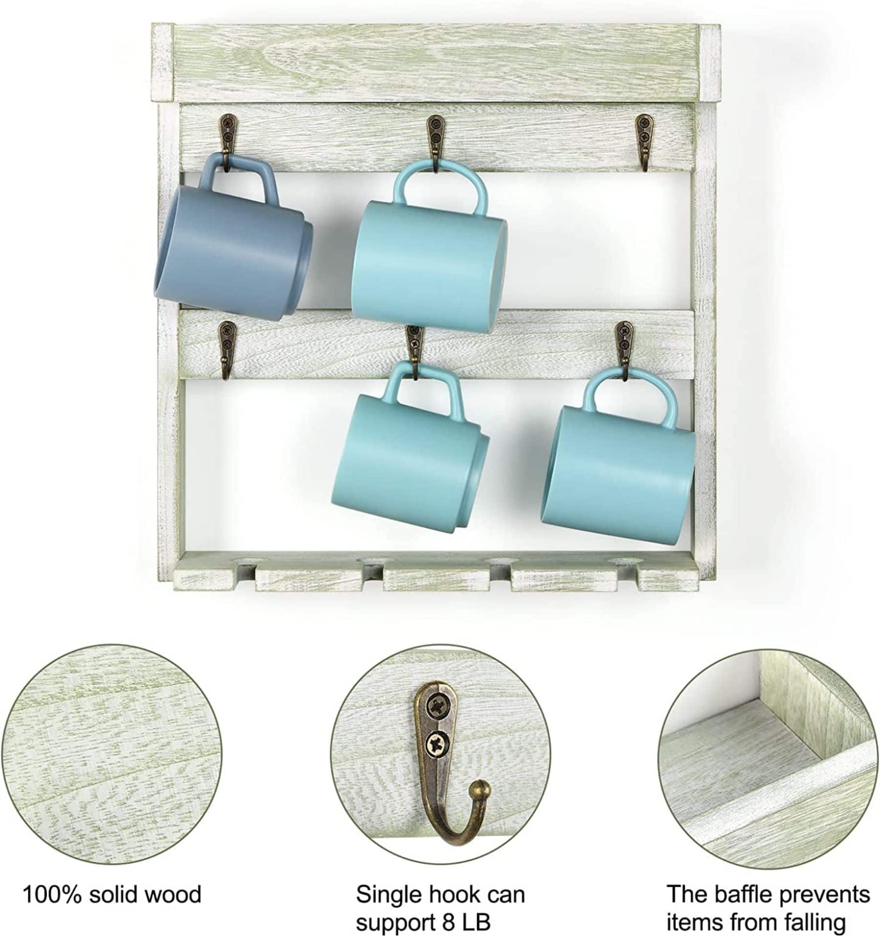 NEX™ 16" White Wood Wall-Mounted Coffee Mug Rack