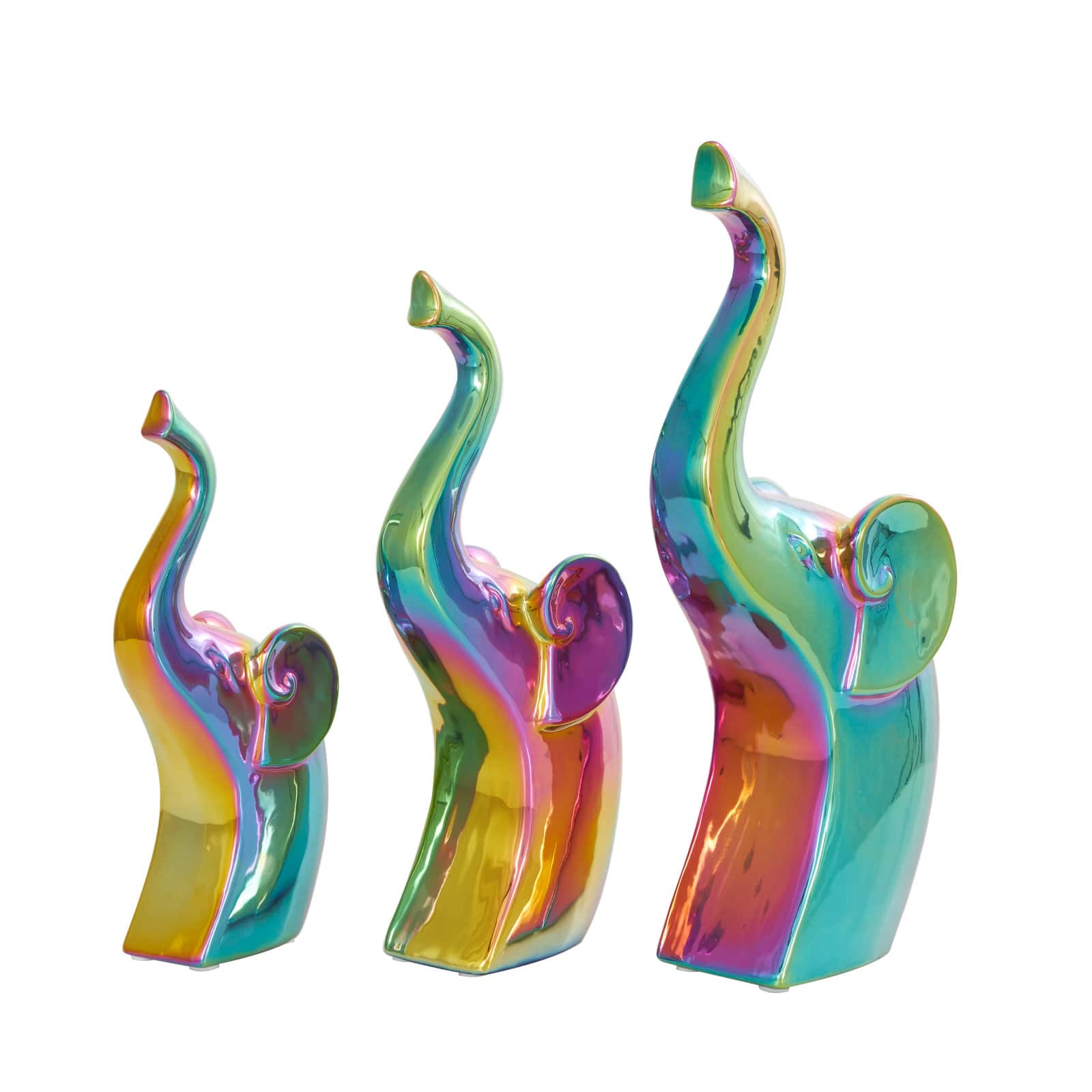 Multicolor Ceramic Elephant Sculpture Set with Rainbow Shimmer Finish