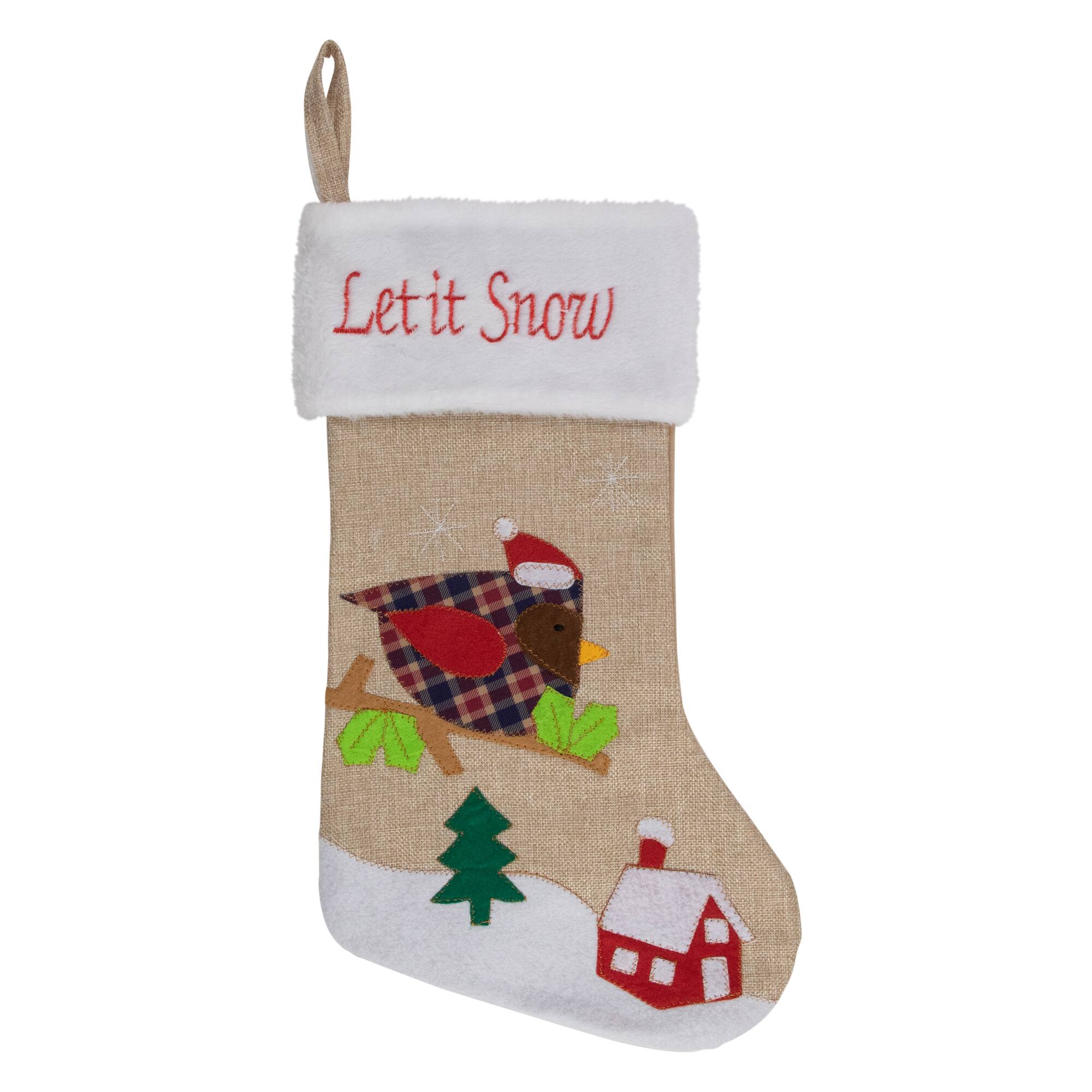 19" Let It Snow Bird Burlap Christmas Stocking