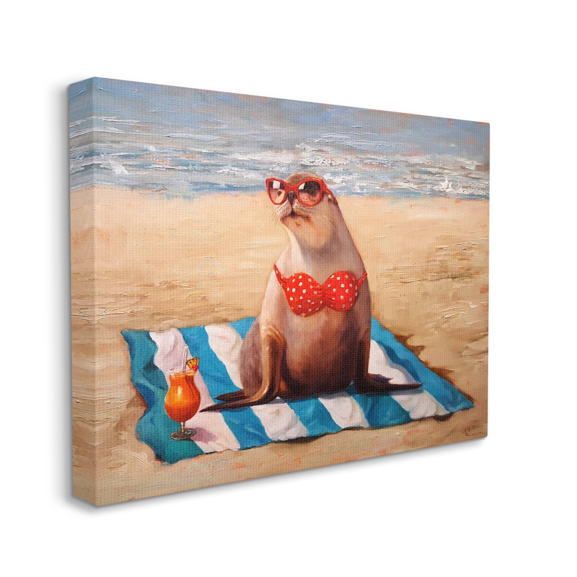 Stupell Industries Polka Dot Bikini Sea Lion Tropical Drink Beach Scene Canvas Wall Art