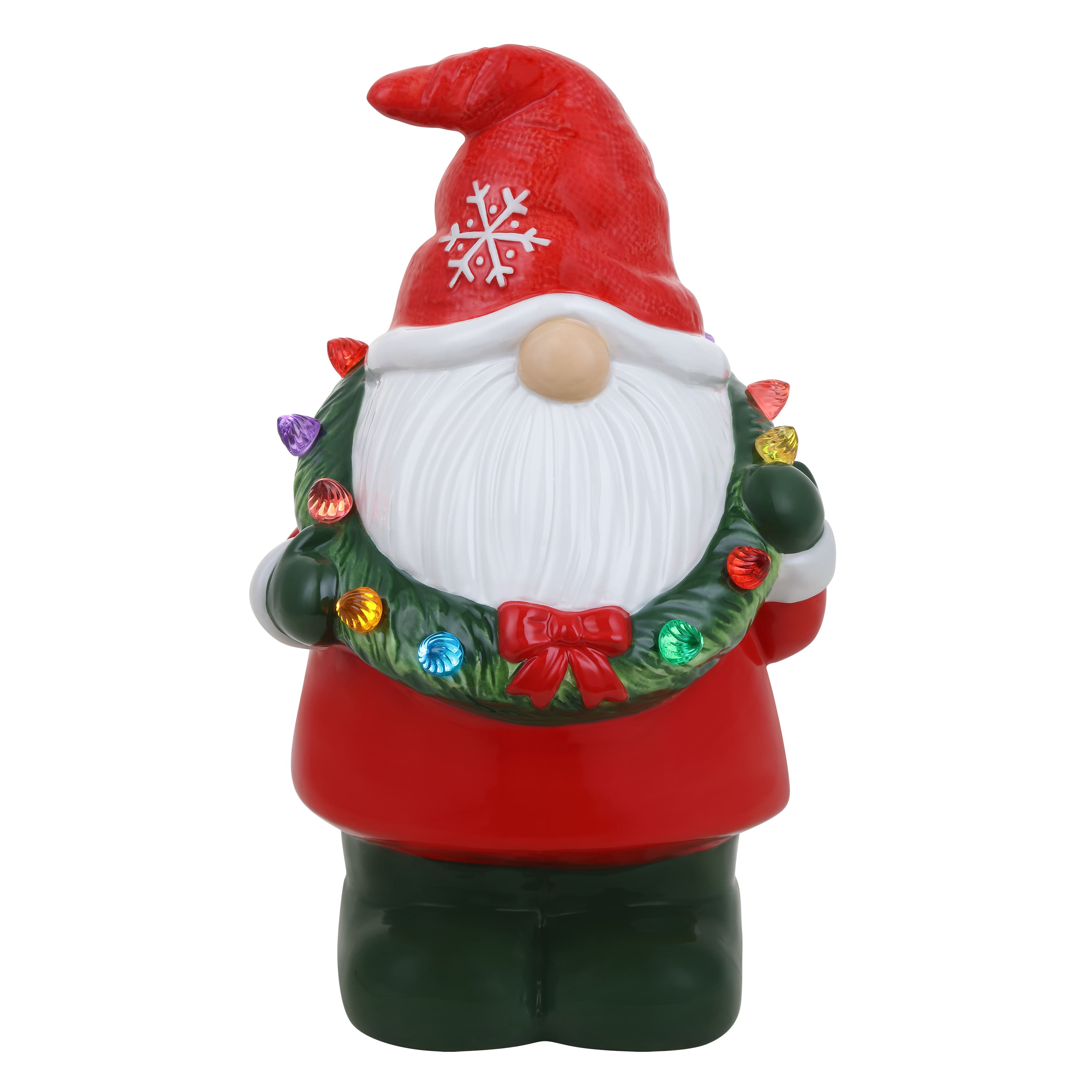 12" Nostalgic Ceramic Gnome Figure with LED Wreath