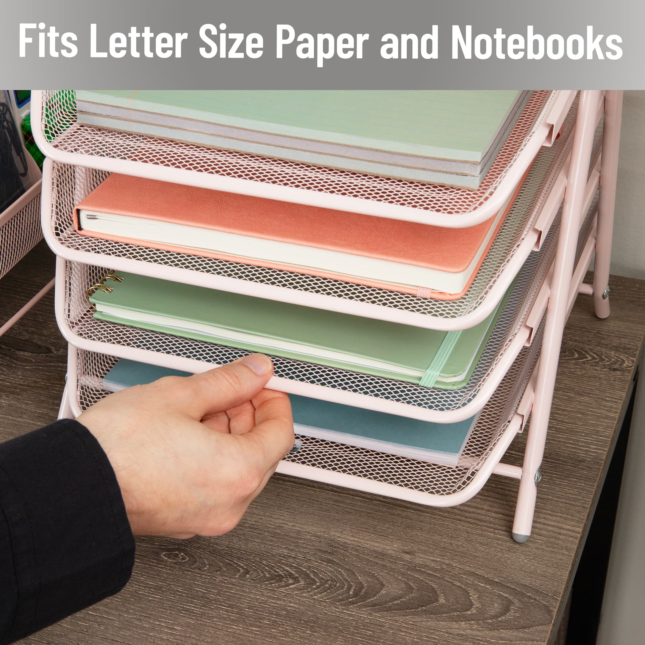 Mind Reader 4-Tier Paper Tray Organizer, Desktop File Sorter with Handle, Document Storage, Slide-Out Trays, Metal Mesh, Pink