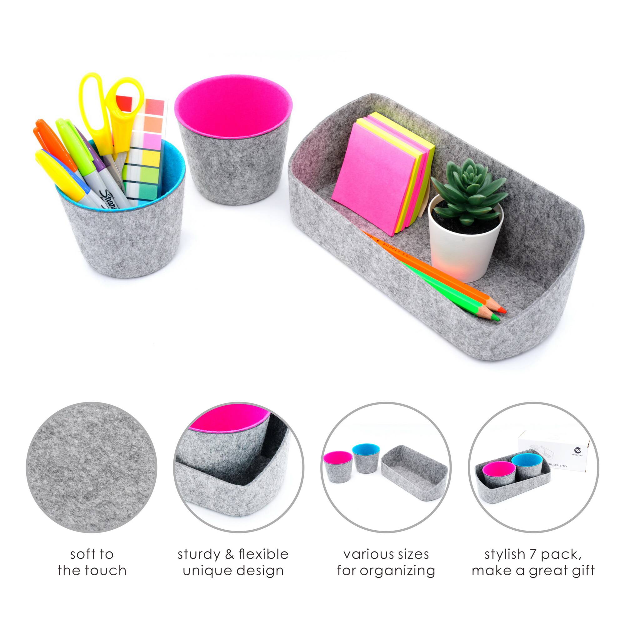 Welaxy Felt 3 Piece Gray Tray with Turquoise &#x26; Hot Pink Cups Desktop Organizer Set