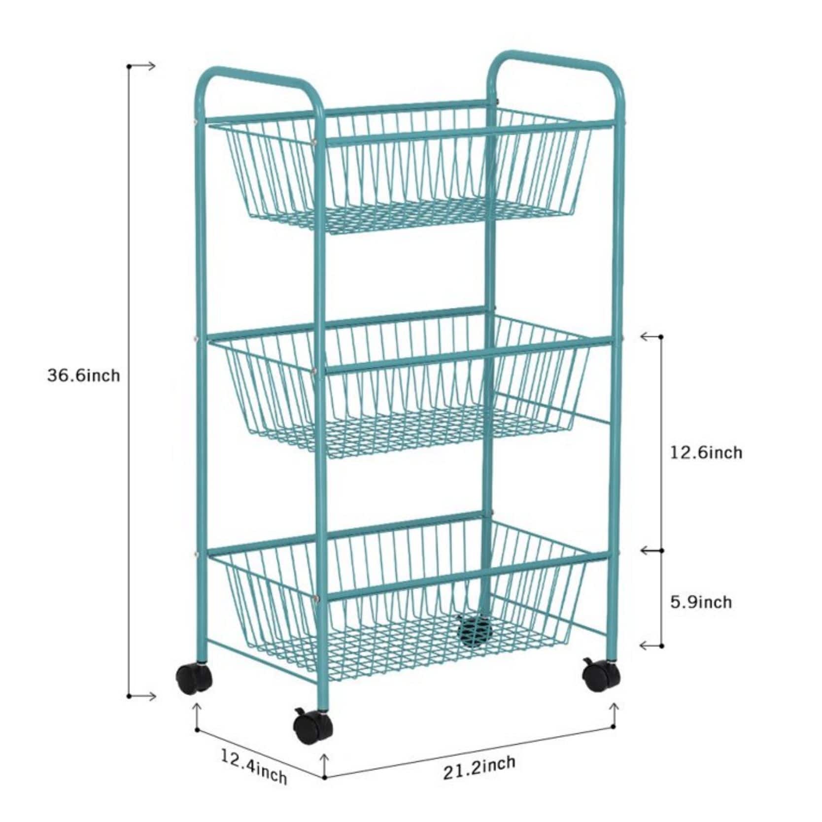 NEX™ Blue Large 3-Tier Rolling Basket Stand with Shelves & Wheels