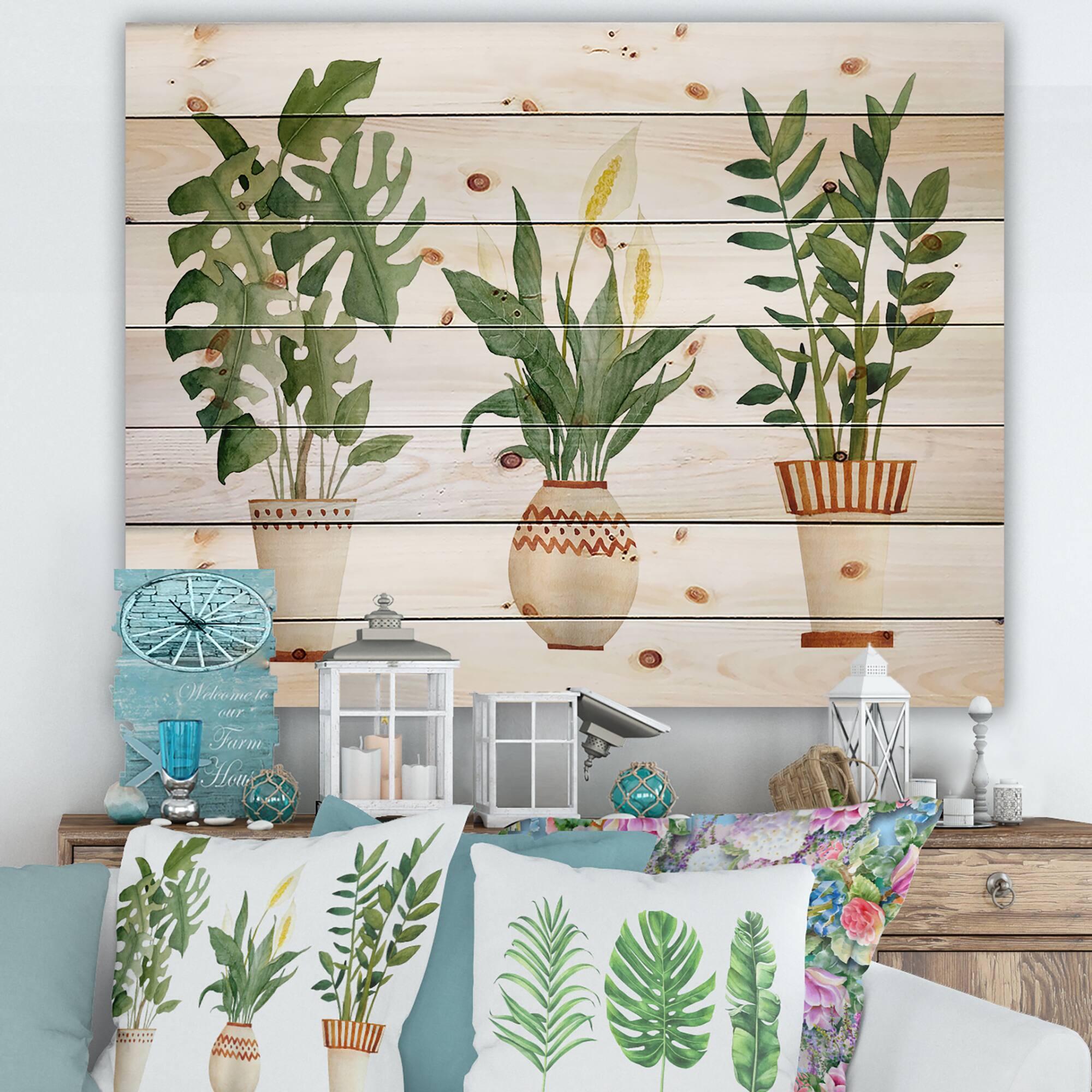Designart - Houseplant Monstera & Peace Lily In Terra Cotta - Farmhouse Print on Natural Pine Wood
