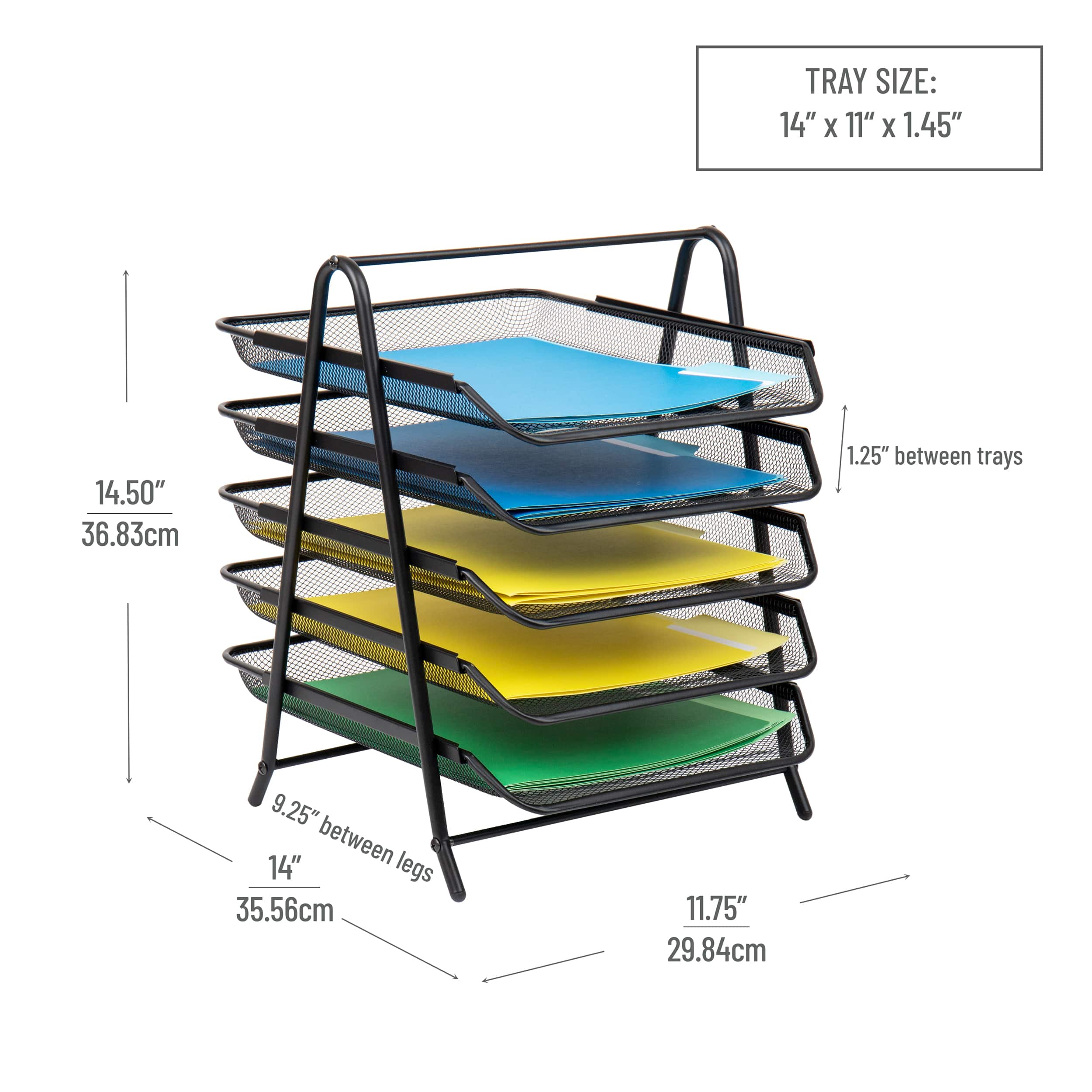 Mind Reader Network Collection Mesh Black 5-Tier Paper &#x26; File Desktop Organizer with File Folders