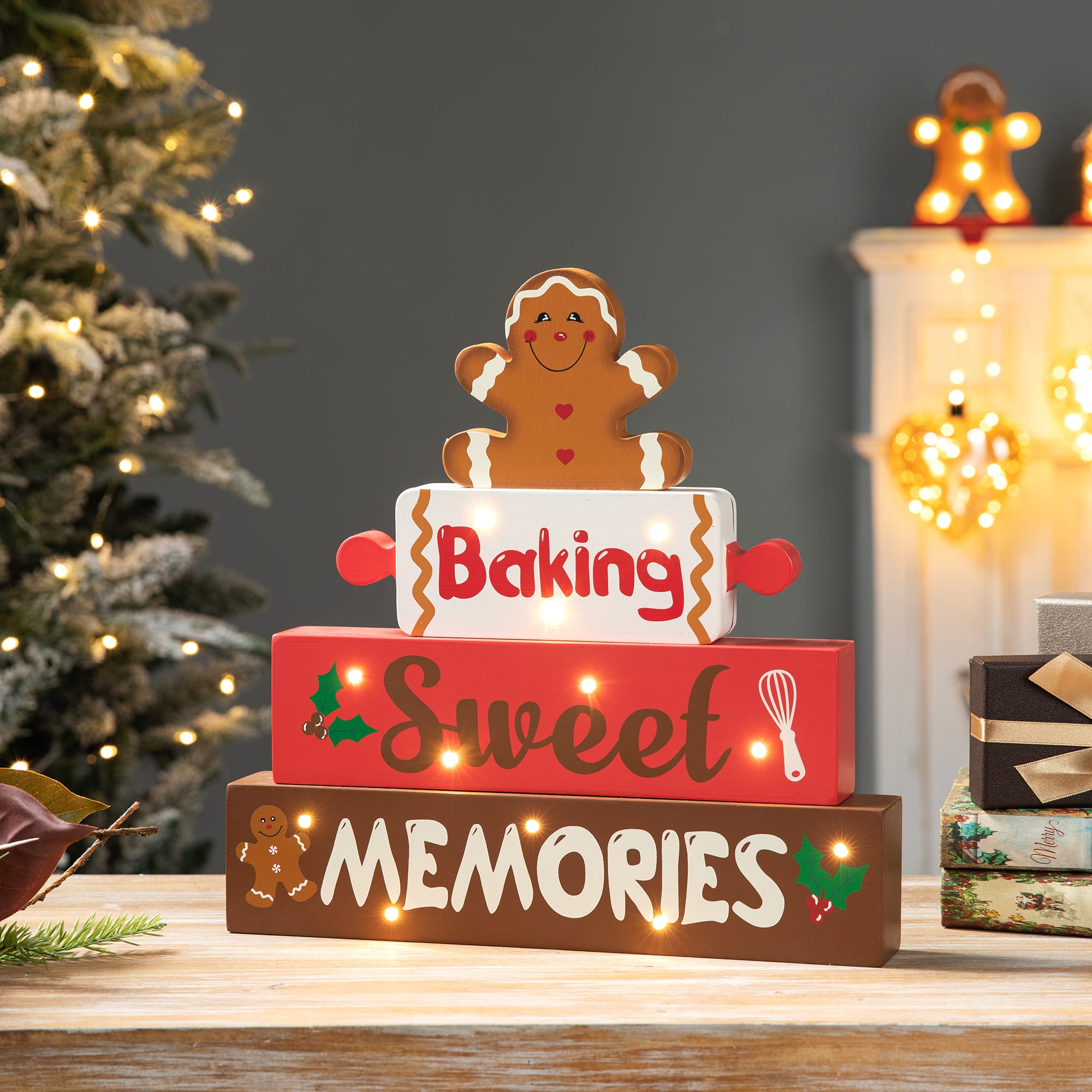 Glitzhome&#xAE; 12&#x22; Lighted Wooden Christmas Gingerbread Man Block Table D&#xE9;cor