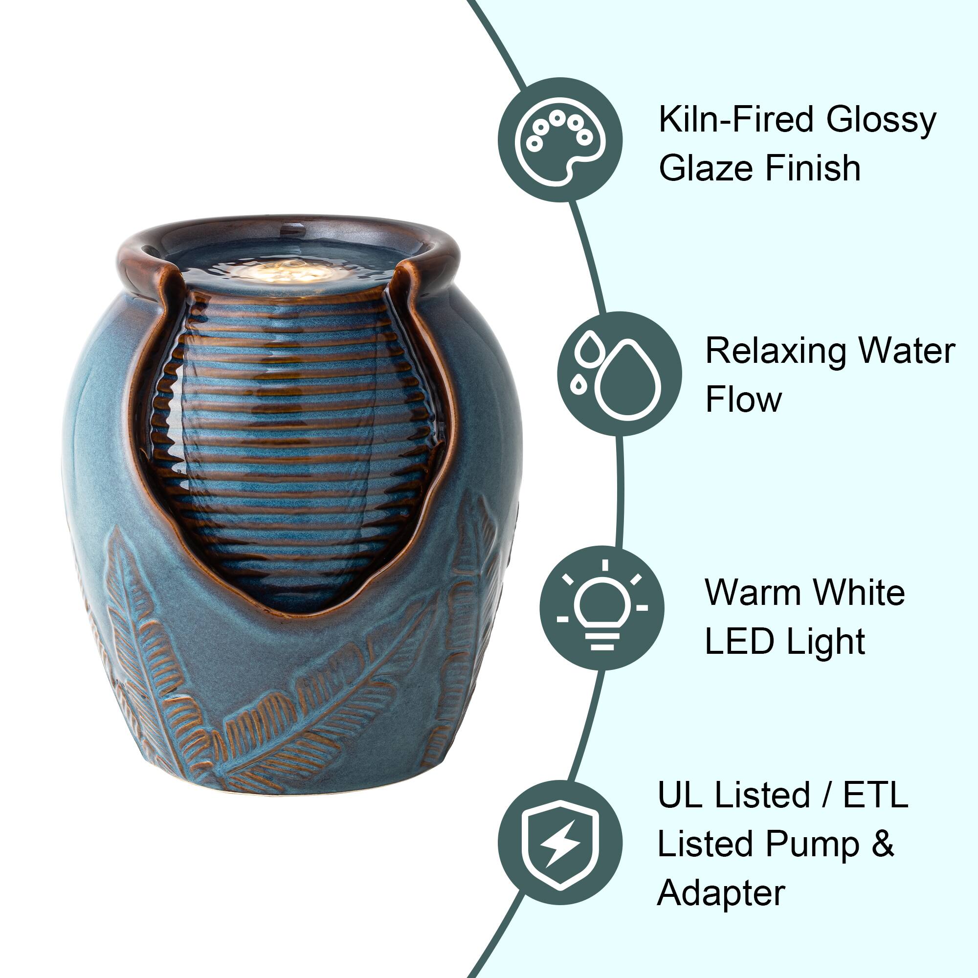 Glitzhome&#xAE; 9.25&#x22; LED Turquoise Leaf Textured Ceramic Jar Tabletop Fountain