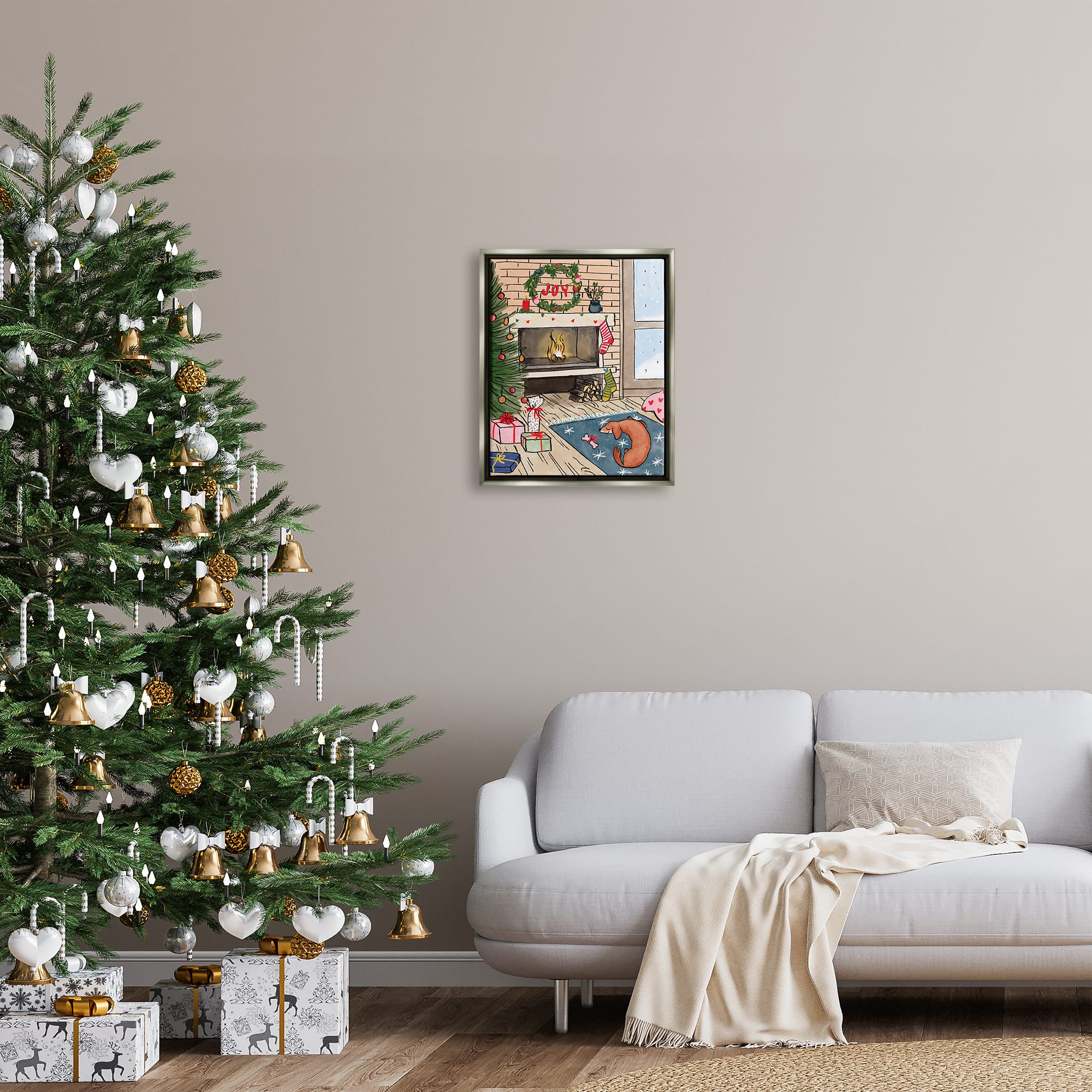 Stupell Industries Cozy Christmas Fireplace Tree Framed Floater Canvas Wall Art