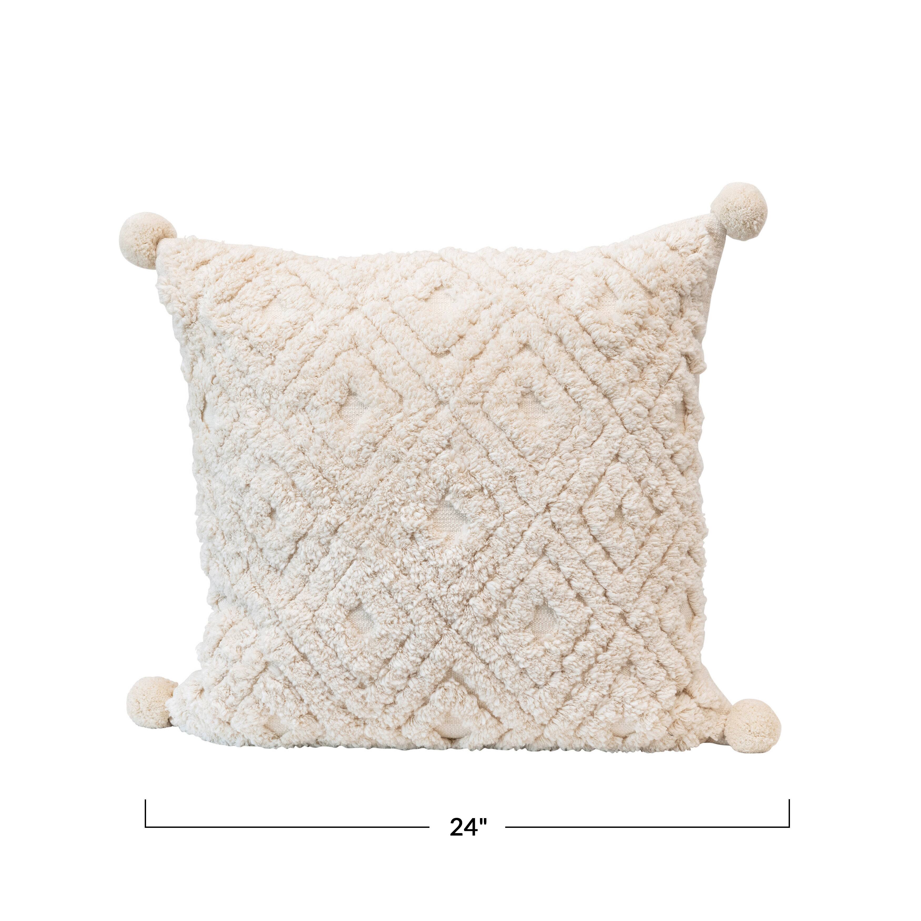 Hello Honey® Cream Cotton Tufted Pillow with Pom Poms