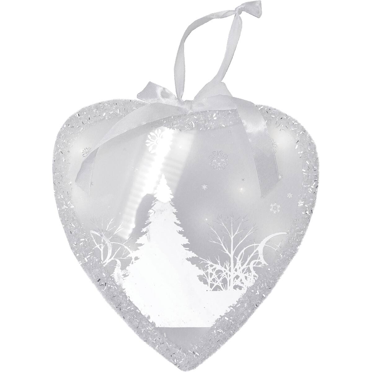 8" Glitter Silver & White Pre-Lit LED Wintery Woods Scene Christmas Heart Ornament