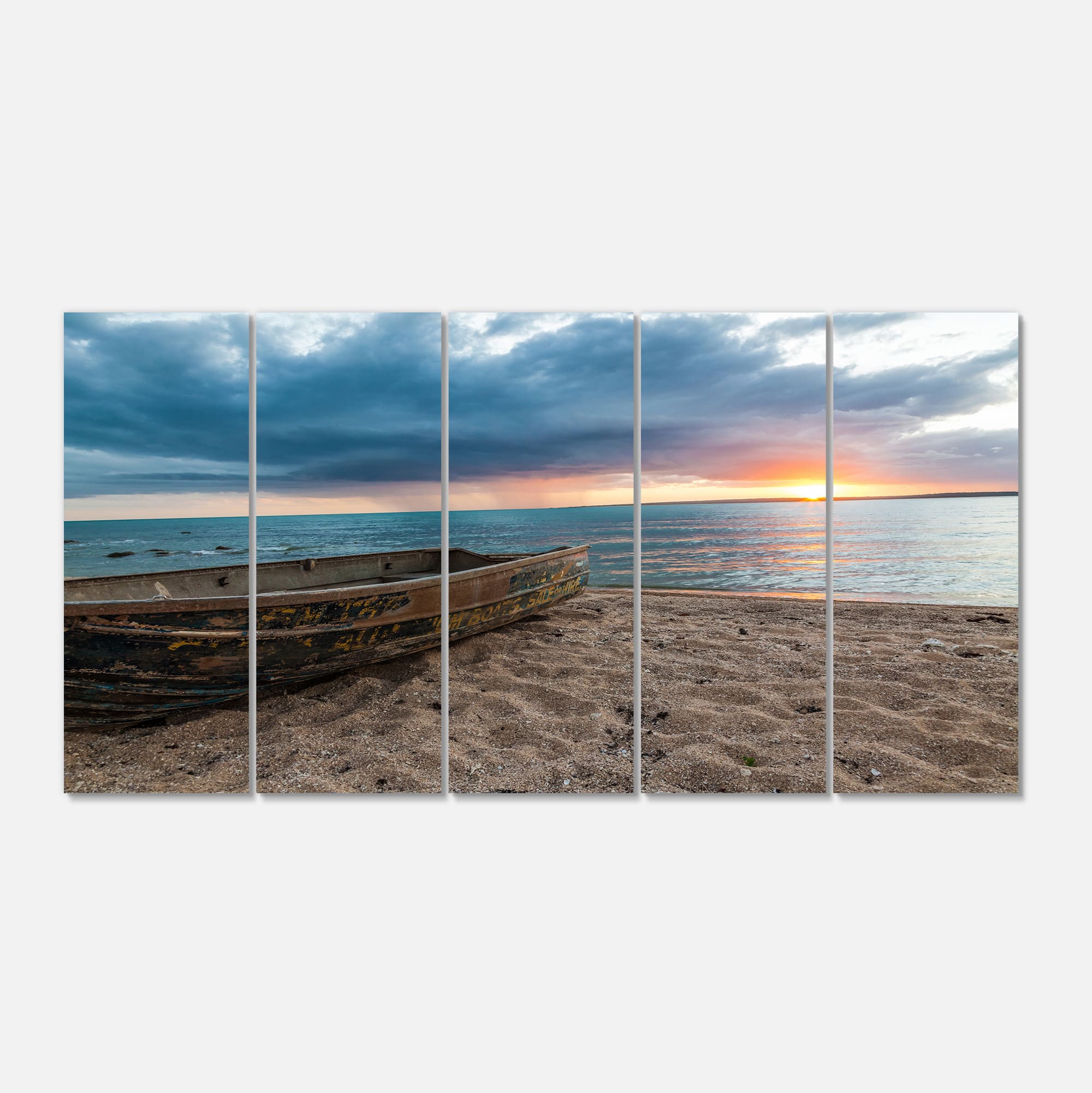 Designart - Rusty Row Boat on Sand at Sunset - Extra Large Seascape Art  Canvas