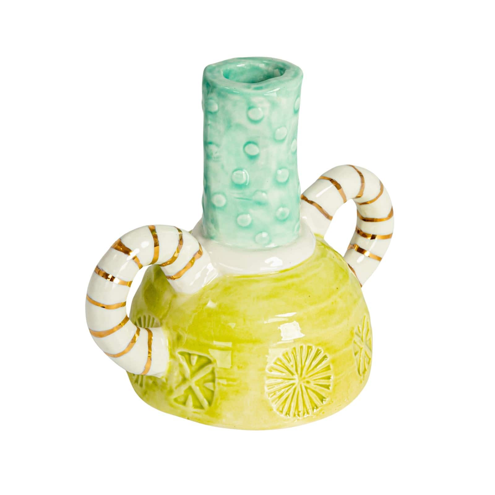 Hello Honey® 5" Tall Multicolor Stoneware Taper Candle Holder with Dual Handles