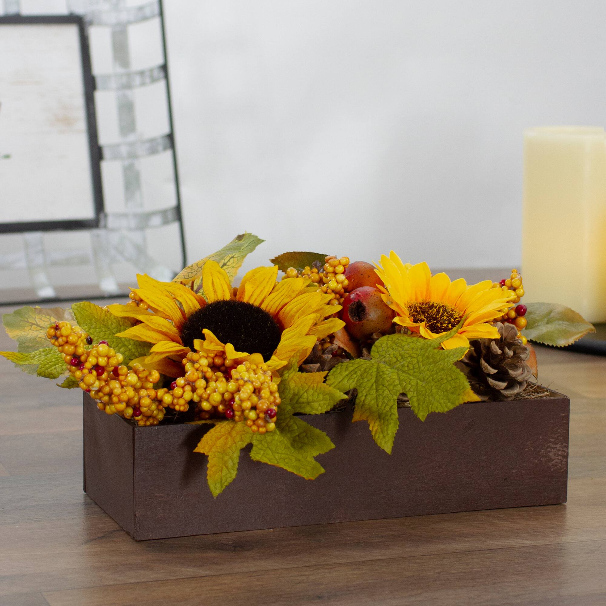 10" Yellow & Brown Sunflowers & Leaves Fall Harvest Floral Arrangement