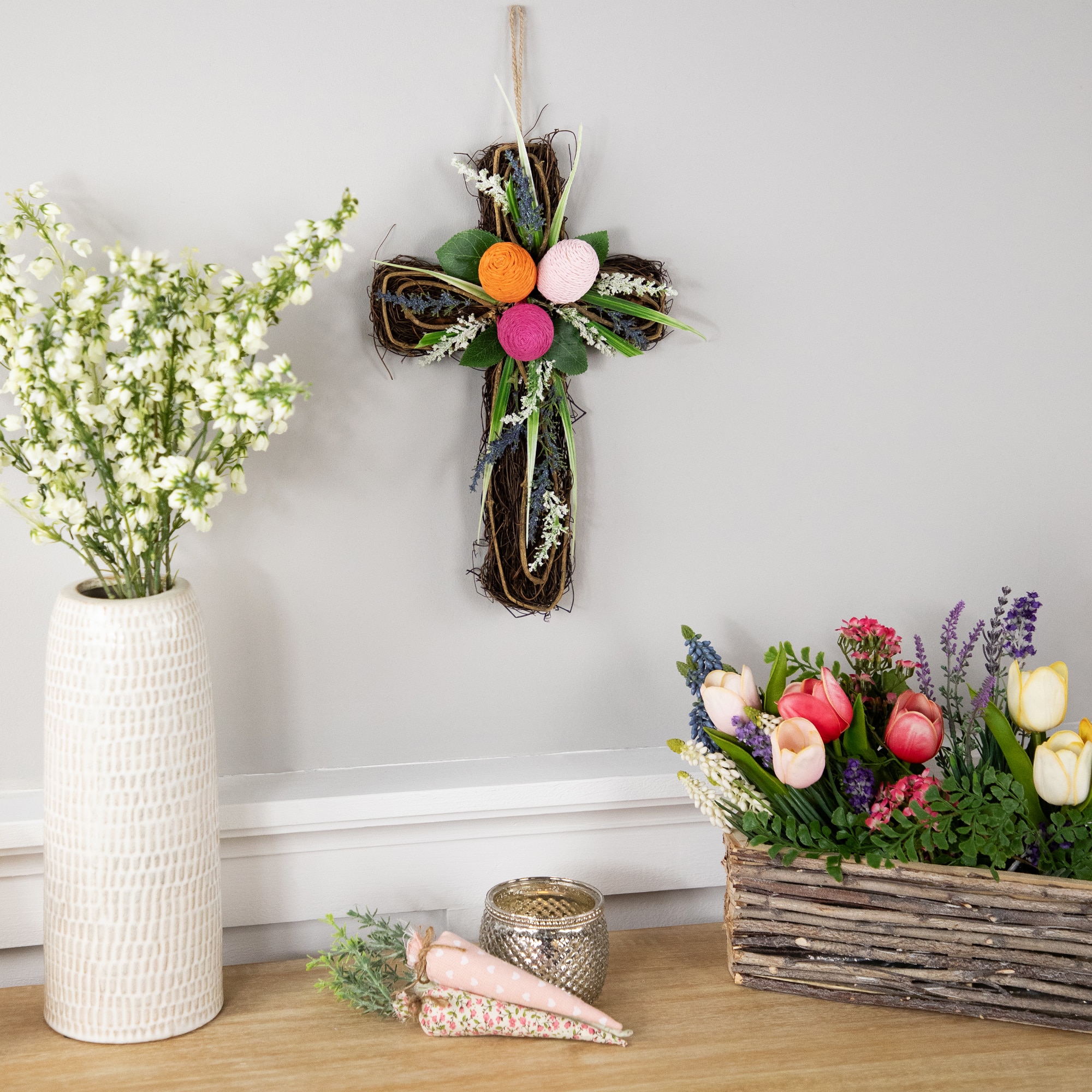 13.25&#x22; Twig Cross Wall Decoration with Easter Eggs