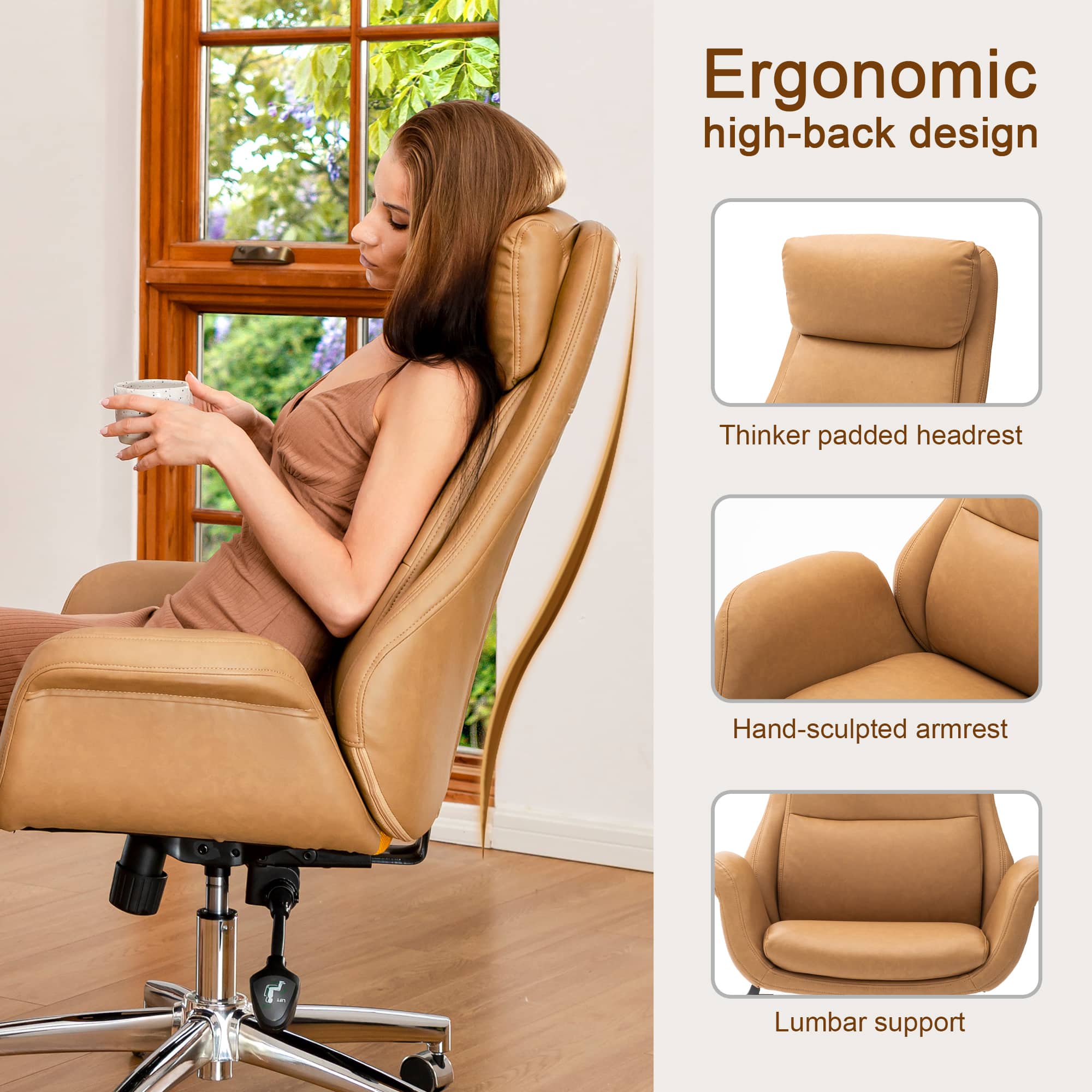 Glitzhome&#xAE; Mid-Century Modern Faux Leather Adjustable High Back Swivel Office Chair