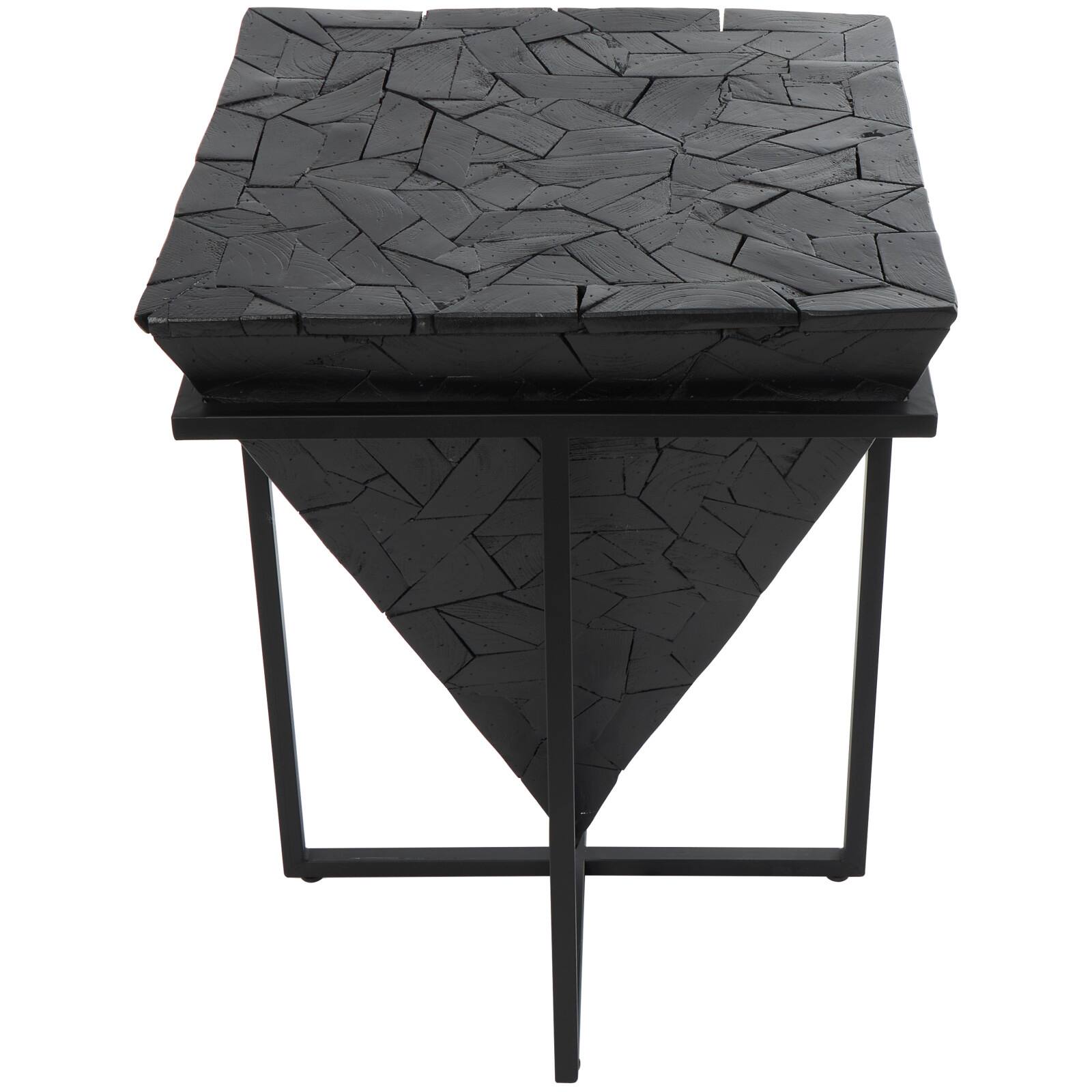 22" Black Teak Wood Geometric Handmade Inverted Pyramid Accent Table with Black Metal Base