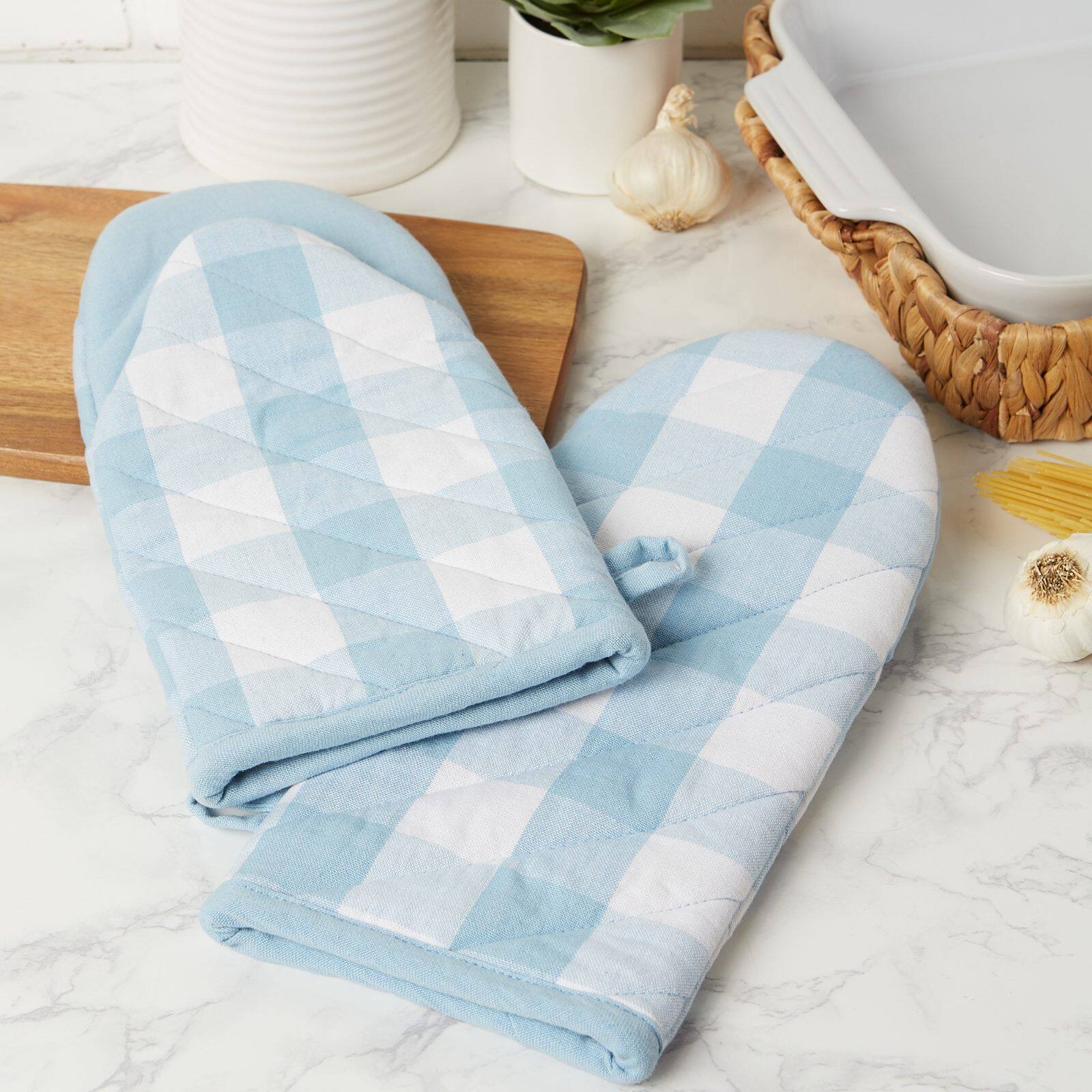 DII® White & Light Blue Buffalo Check Kitchen Textiles Oven Mitts, 2ct.