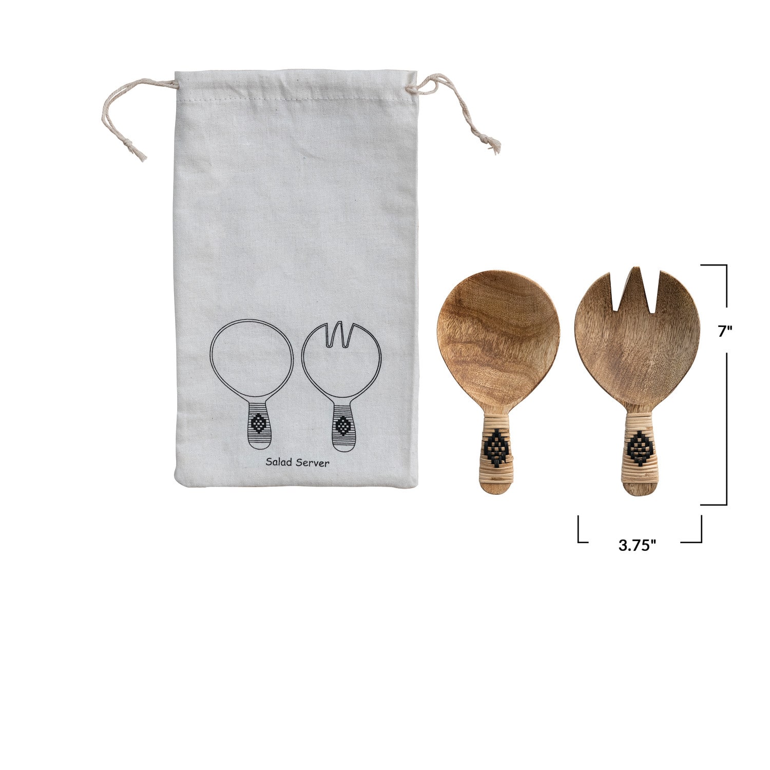 7&#x22; Mango Wood Salad Servers with Bamboo Wrapped Handles &#x26; Printed Drawstring Bag