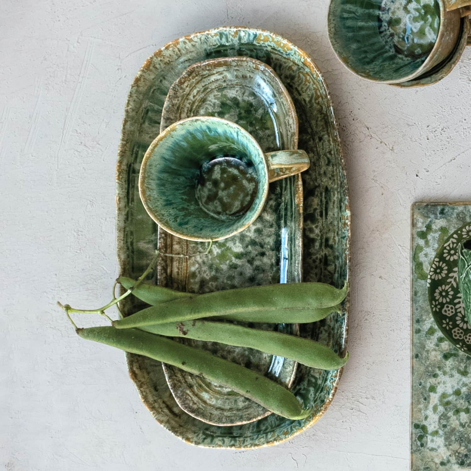 Long Green Reactive Crackle Glaze Stoneware Platters, 2ct.