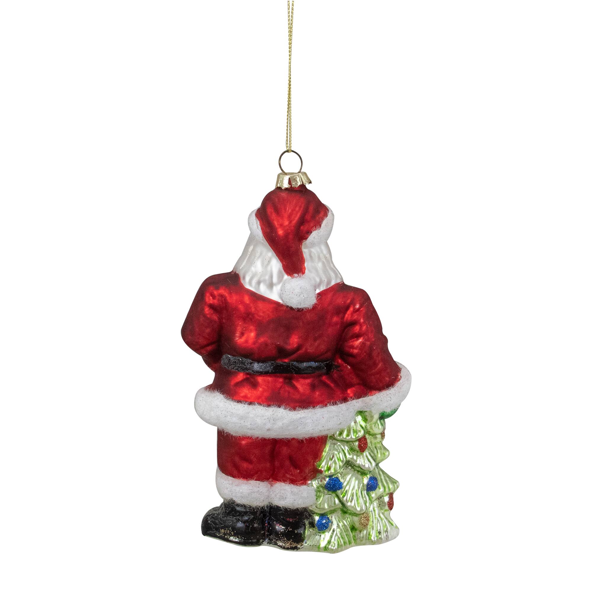5.5" Red Classic Santa With Tree Hanging Glass Christmas Ornament