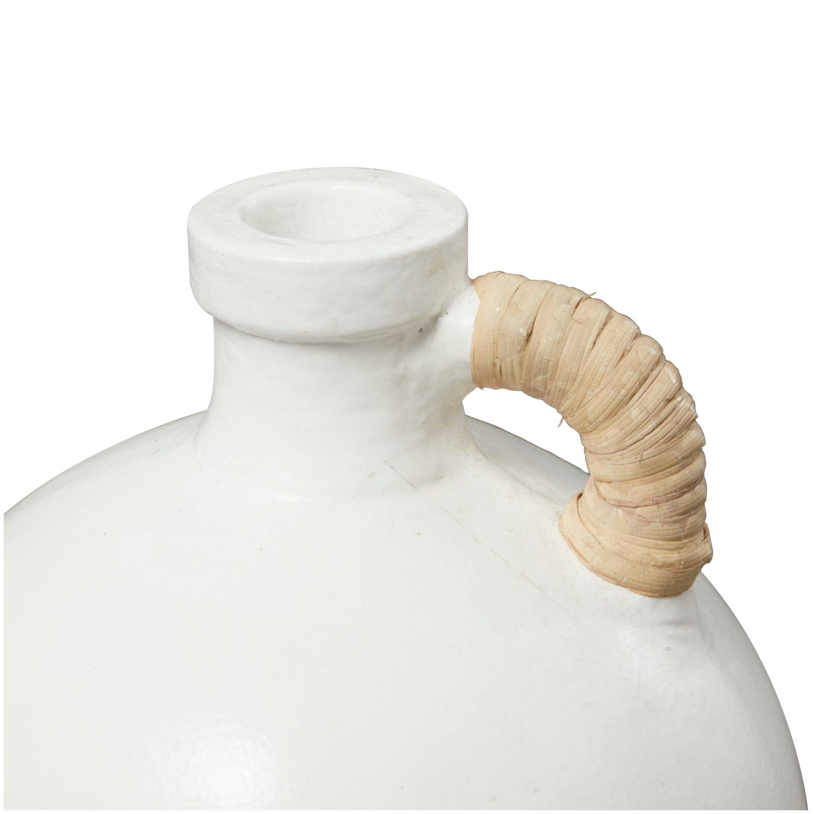 11" White Ceramic Jug Inspired Vase with Rattan Wrapped Handle