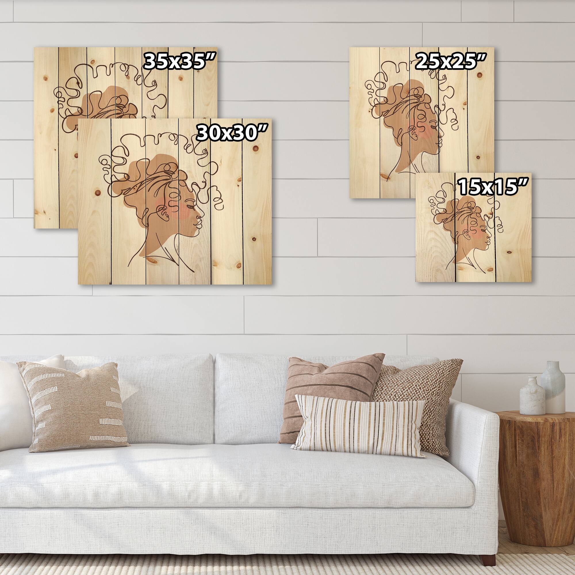 Designart - One Line Portrait of African American Woman I - Modern Print on Natural Pine Wood