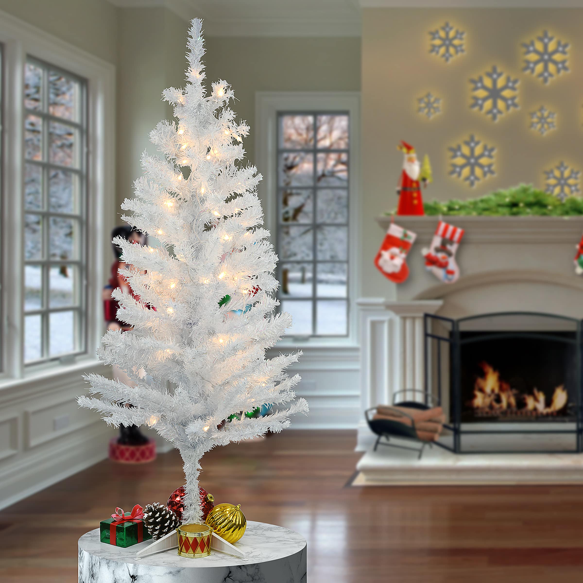 4ft. Pre-Lit White Iridescent Tinsel Artificial Christmas Tree, Clear Lights