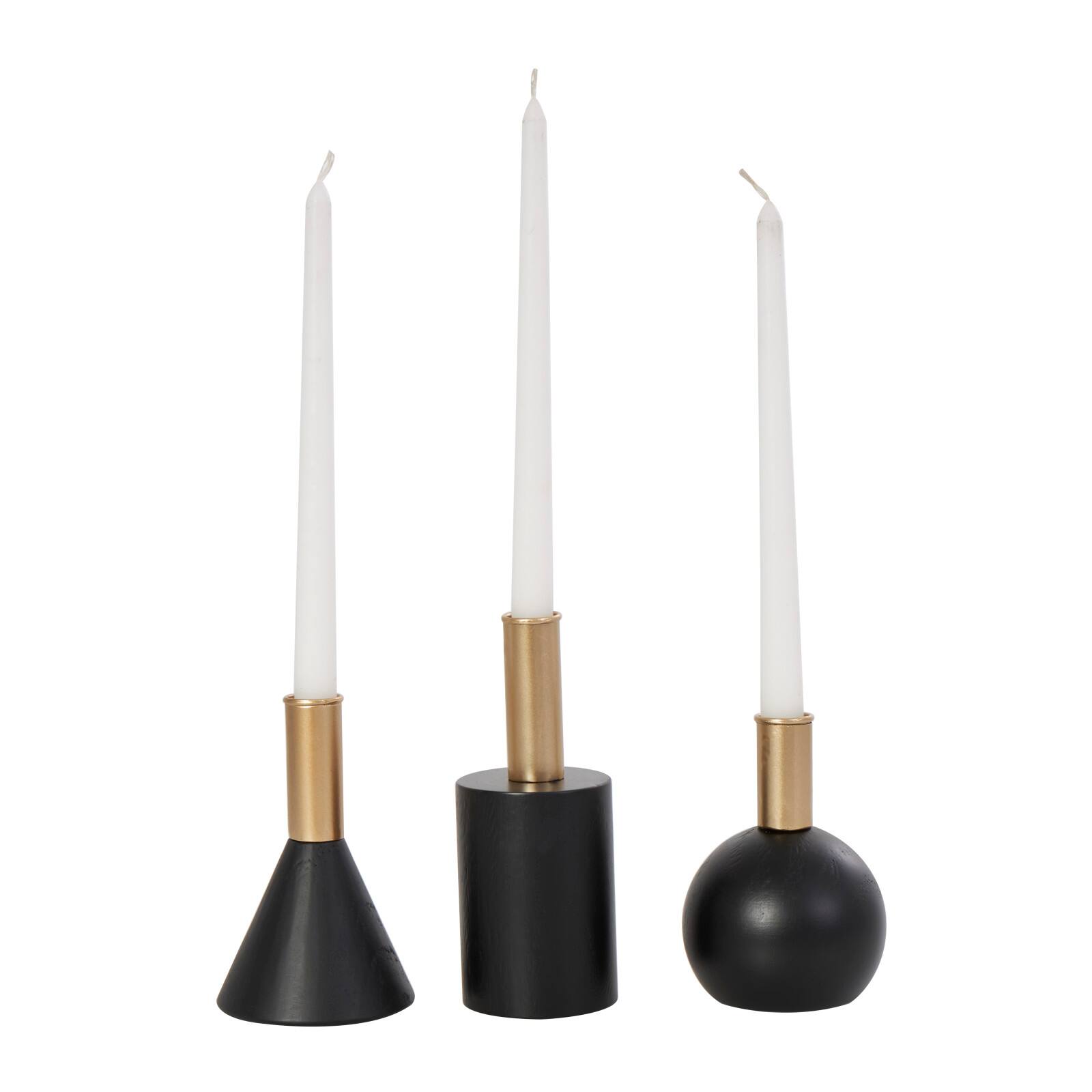 Black Wood Geometric Candle Holder Set