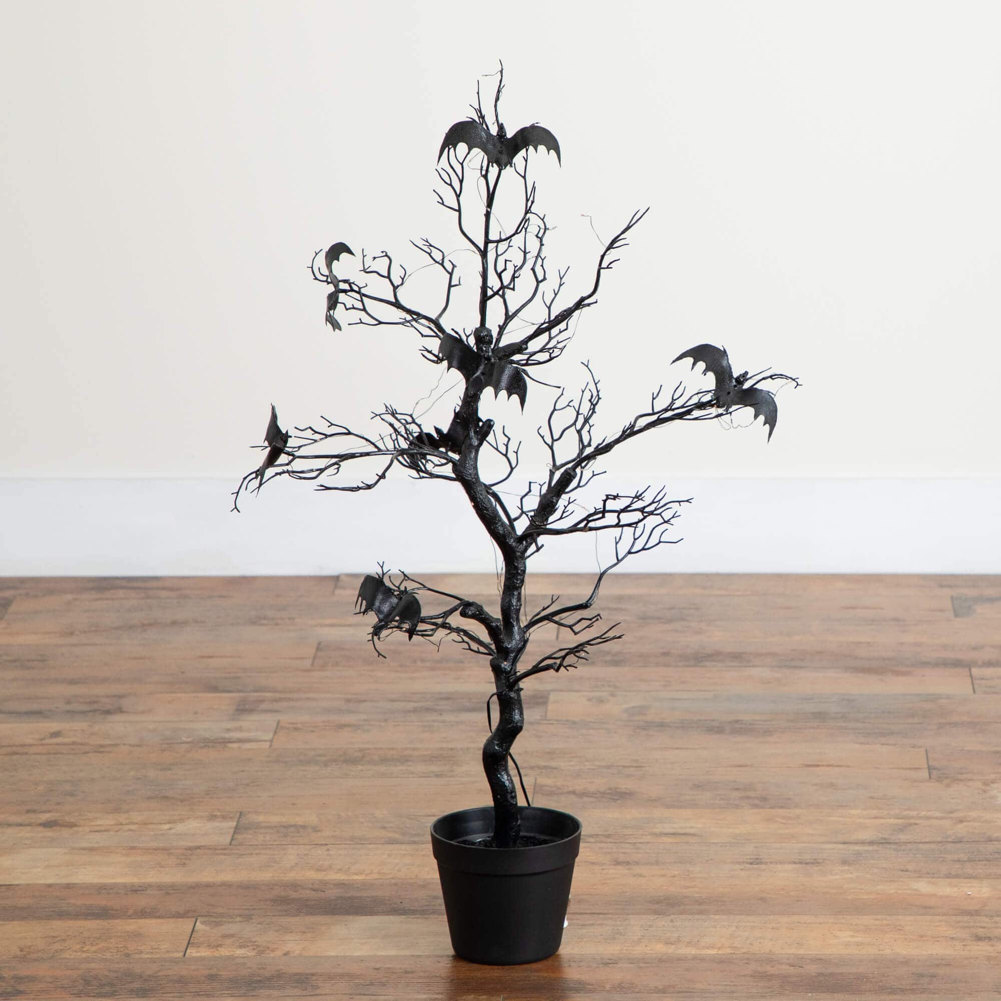 3ft. Pre-Lit Artificial Halloween Black Spooky Twig Tree with Bats and 100 Orange &#x26; Purple LED Lights