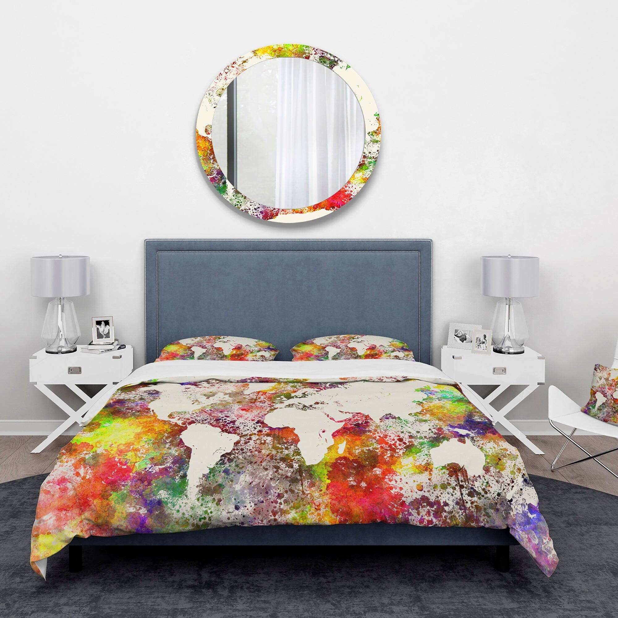 Designart &#x27;World Map in Great Colors&#x27; Watercolor Map Bedding Set - Duvet Cover &#x26; Shams