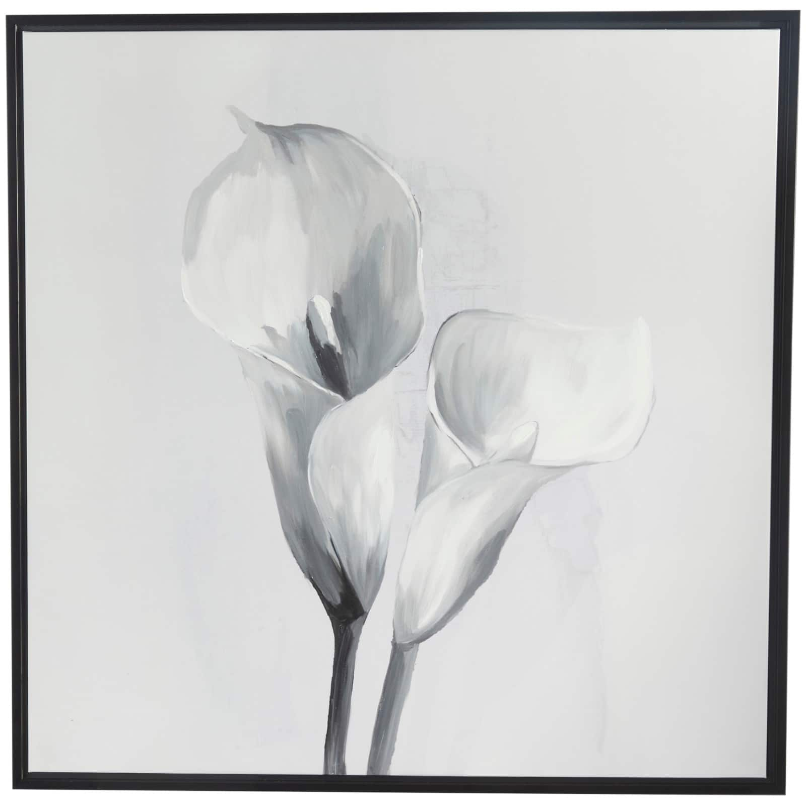 White Canvas Shaded Tulip Floral Framed Wall Art with Black Frame