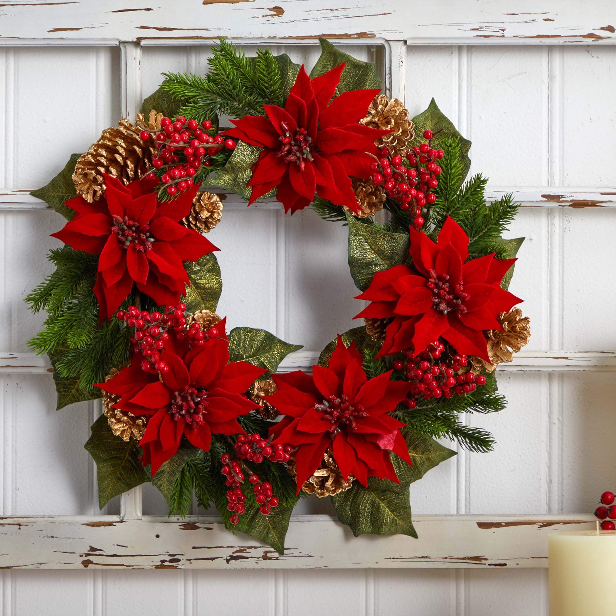 24" Poinsettia, Berry and Golden Pinecone Artificial Wreath