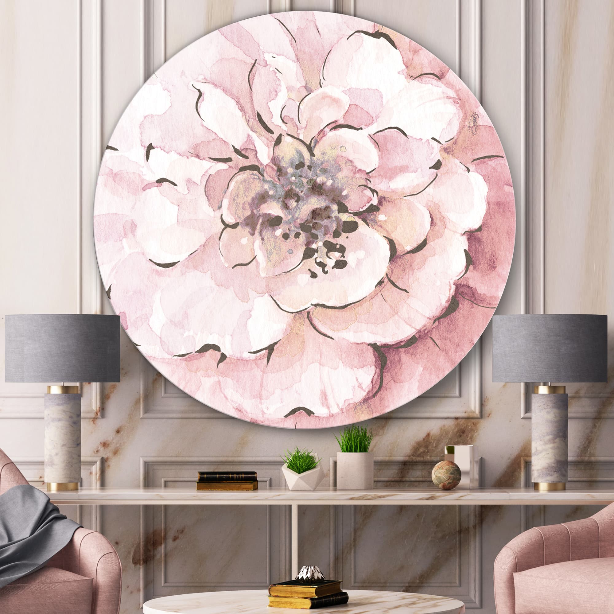 Designart - Indigold Shabby Peonies Pink - Shabby Chic Metal Circle Wall Art