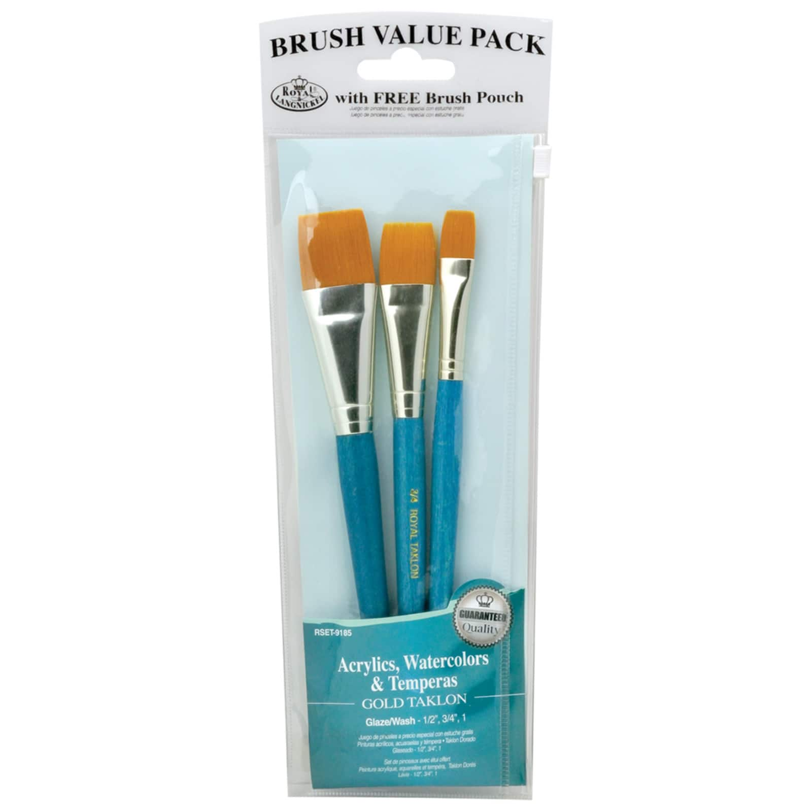 Royal &#x26; Langnickel&#xAE; Zip N&#x27; Close Golden Taklon &#x26; Glaze Wash 3 Piece Brush Set