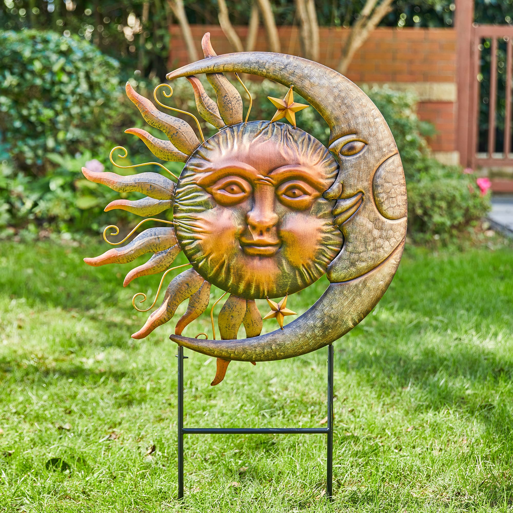 Glitzhome® 3ft. Metal Sun & Moon Yard Stake or Wall Décor