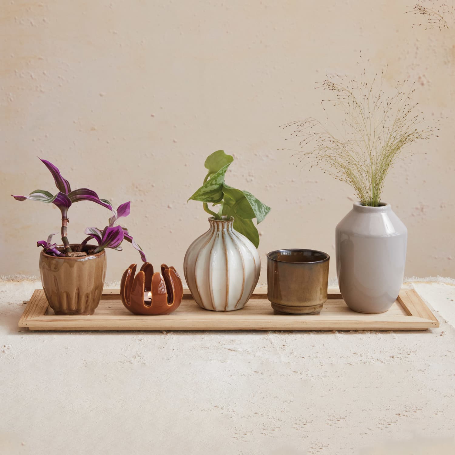 Hello Honey&#xAE; Stoneware Votive Candle Holders &#x26; Wood Tray Set
